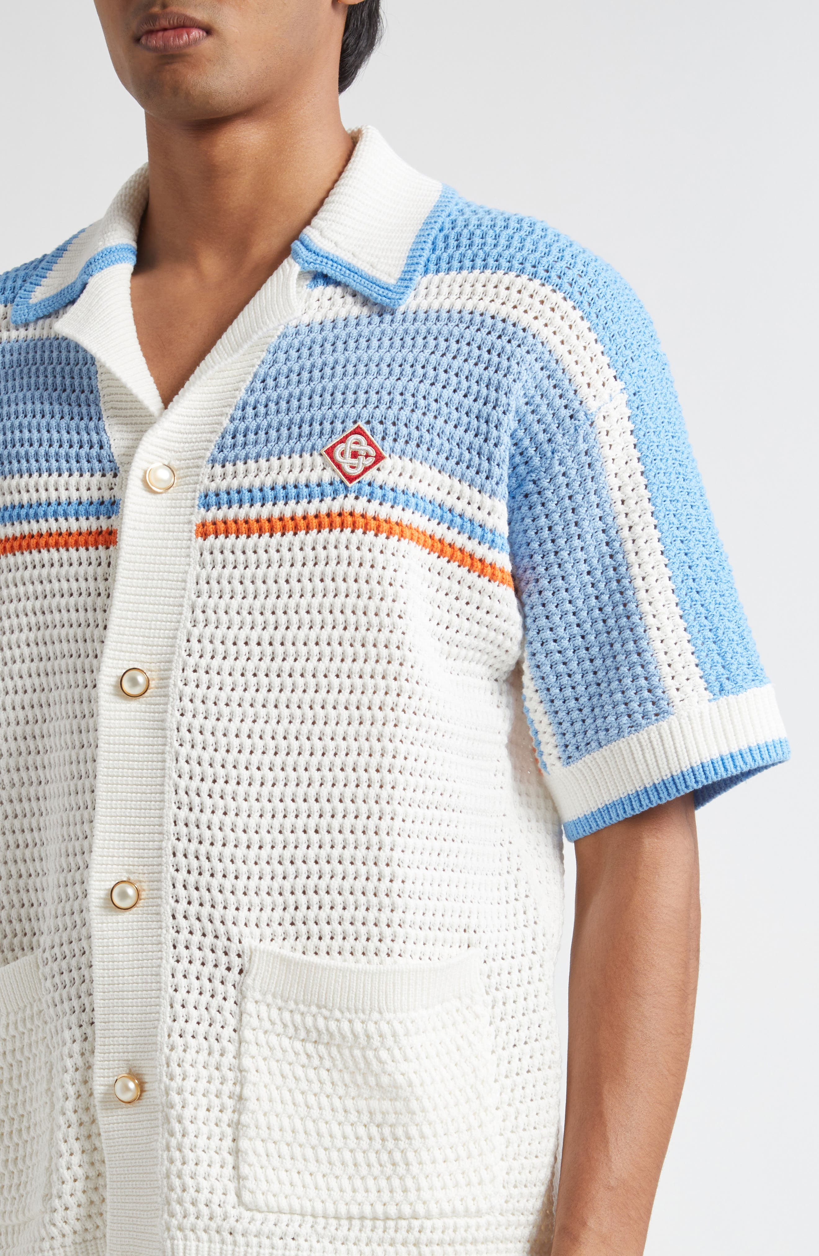 Casablanca Camp Collar Short Sleeve Cotton Crochet Cardigan in Blue Multi at Nordstrom - 4