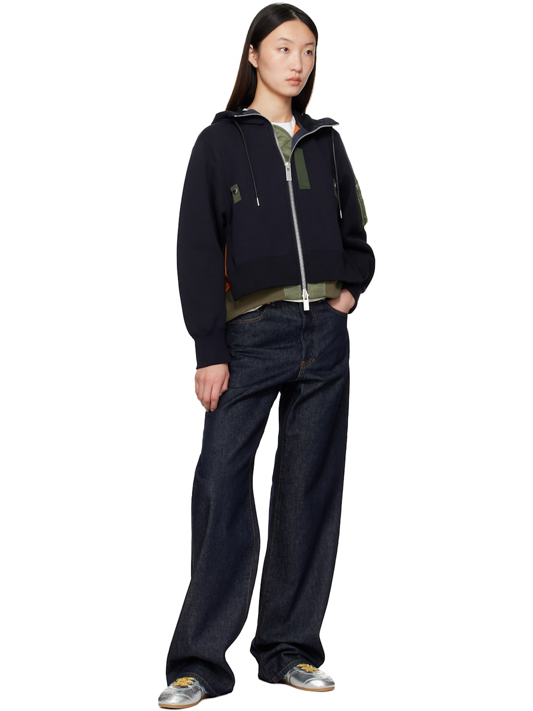 Navy & Khaki Sponge Sweat x Nylon Twill Hoodie - 4