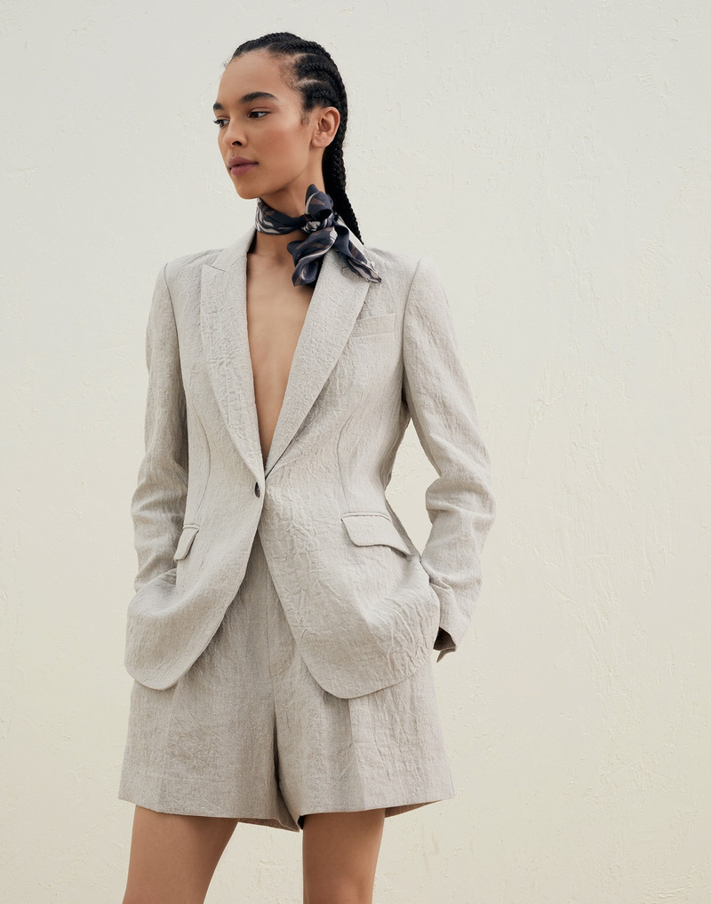 Wrinkled délavé linen blazer with monili and marine flower foulard 1