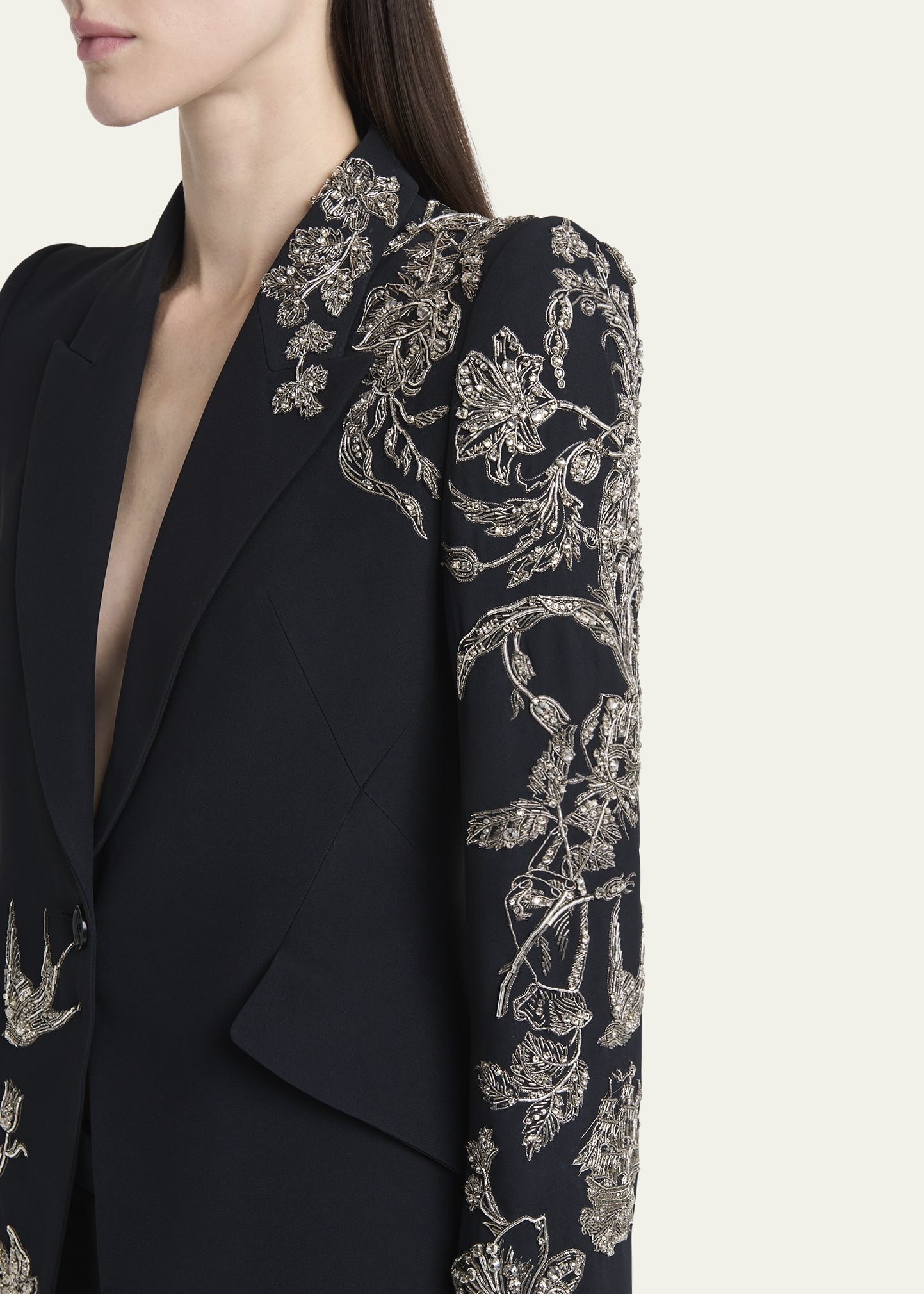 Crystal Embroidered Single-Breasted Blazer Jacket - 5