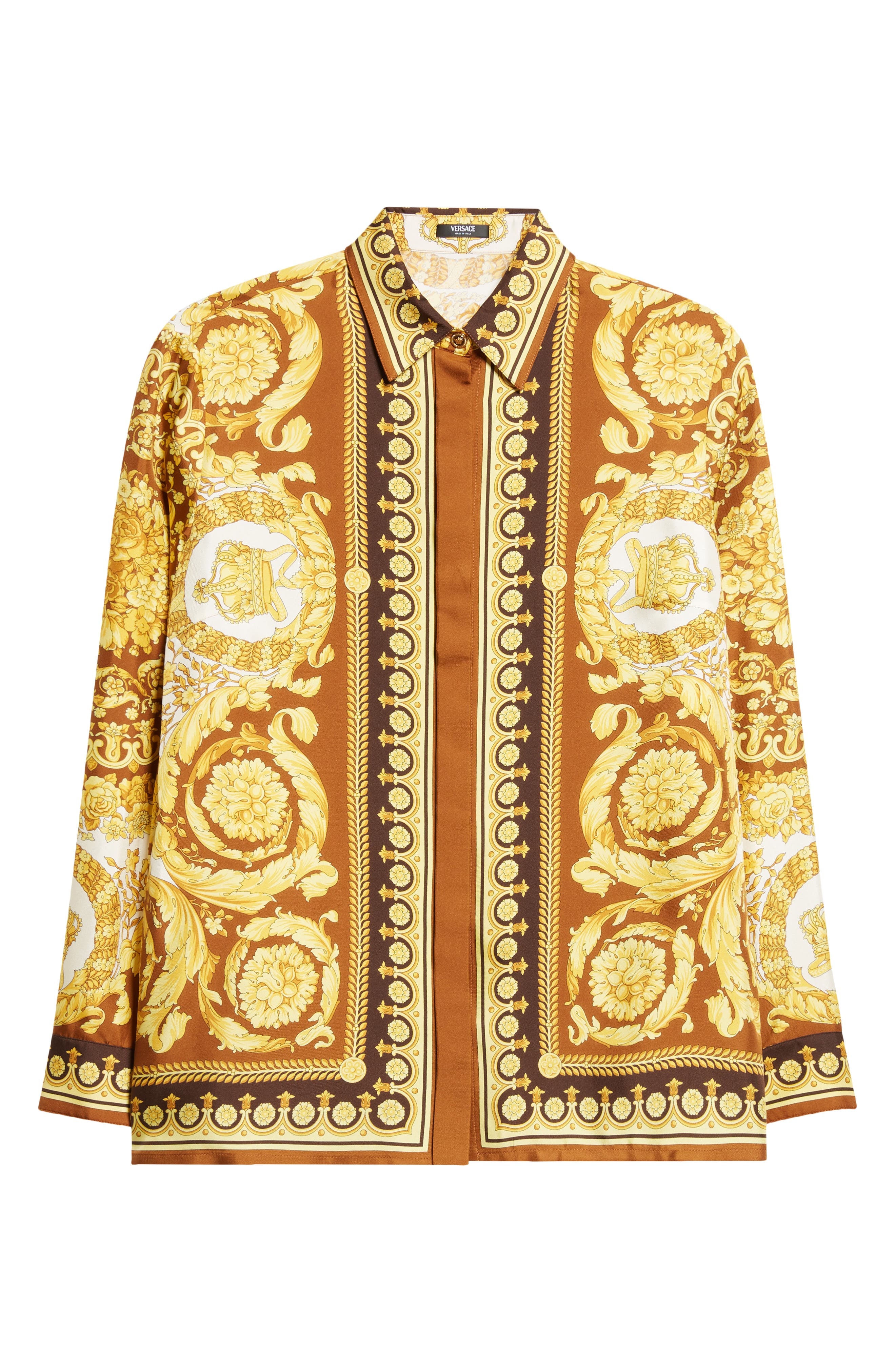 Versace Barocco 92 Silk Twill Button-Up Shirt in Dark Brown Spice at Nordstrom - 6