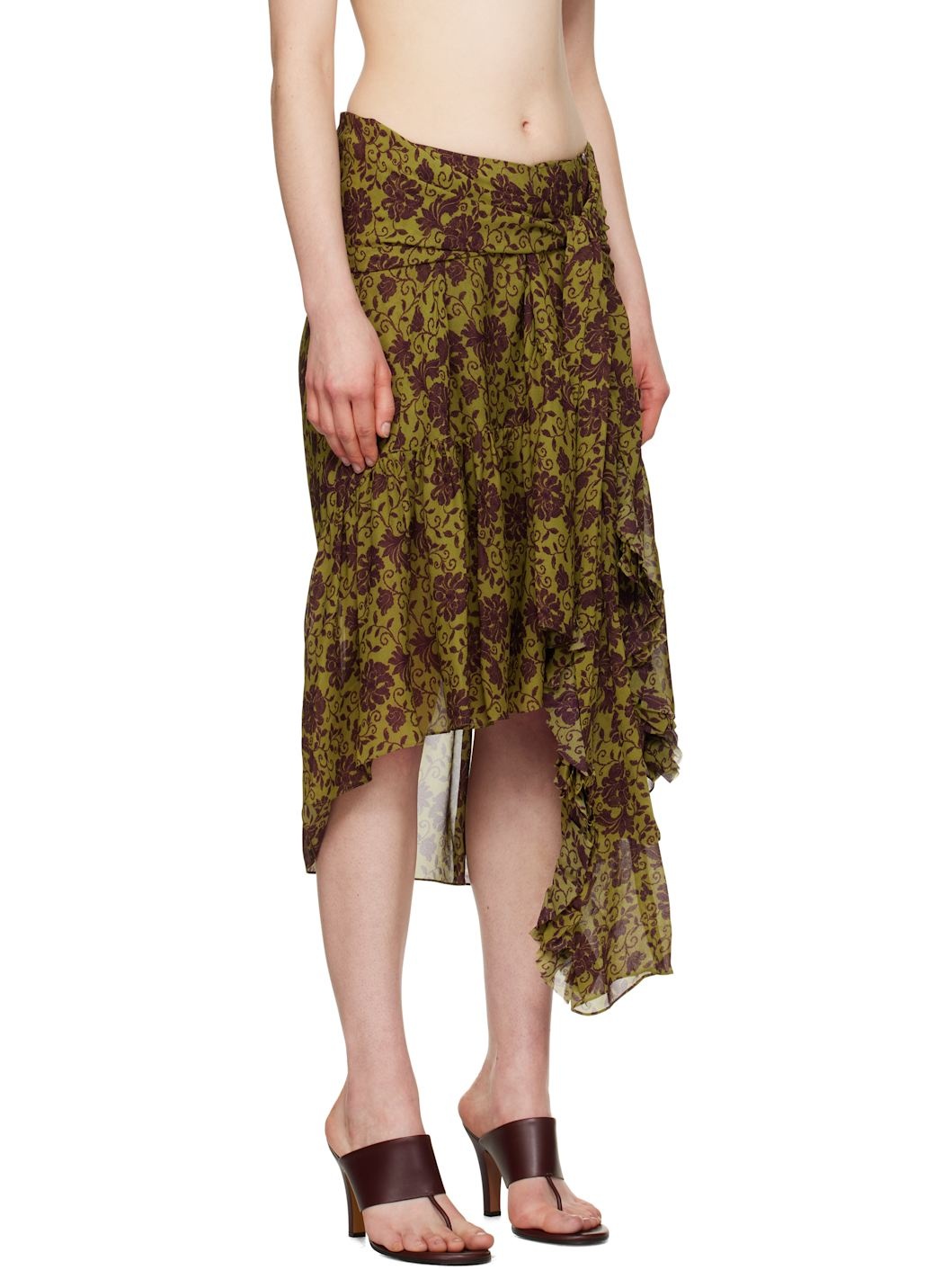 Green & Burgundy Floral Midi Skirt - 2