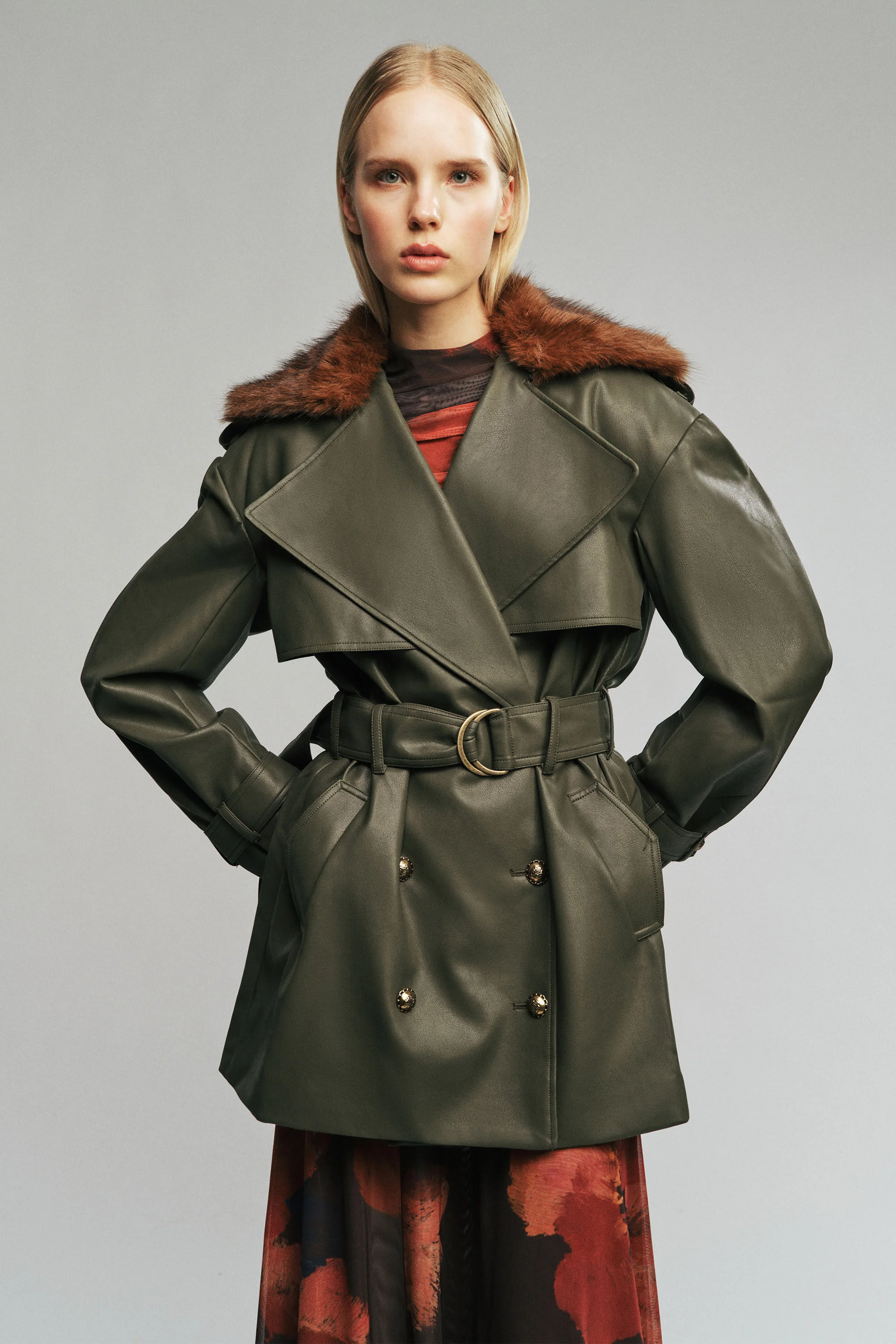 Vegan Leather & Faux Fur Coat In Olive - 1