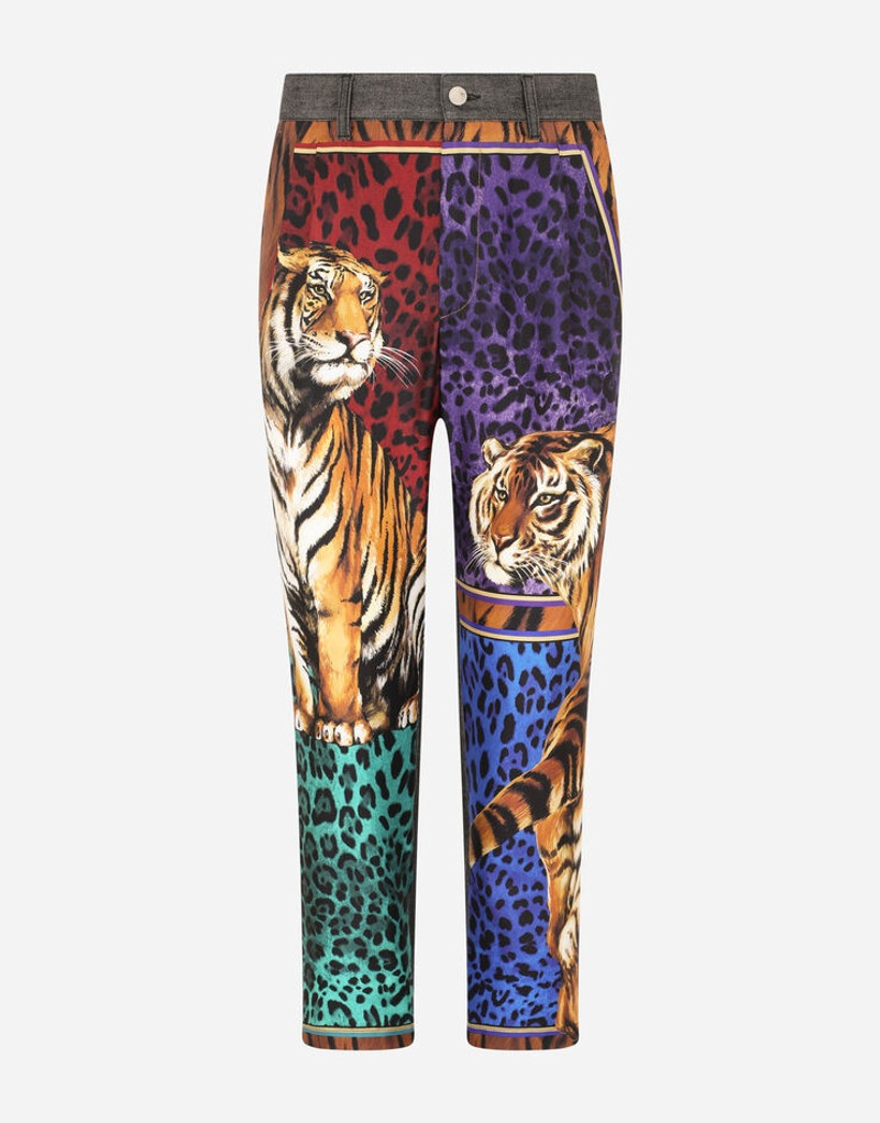 Oversize black denim and twill jeans with tiger print 3
