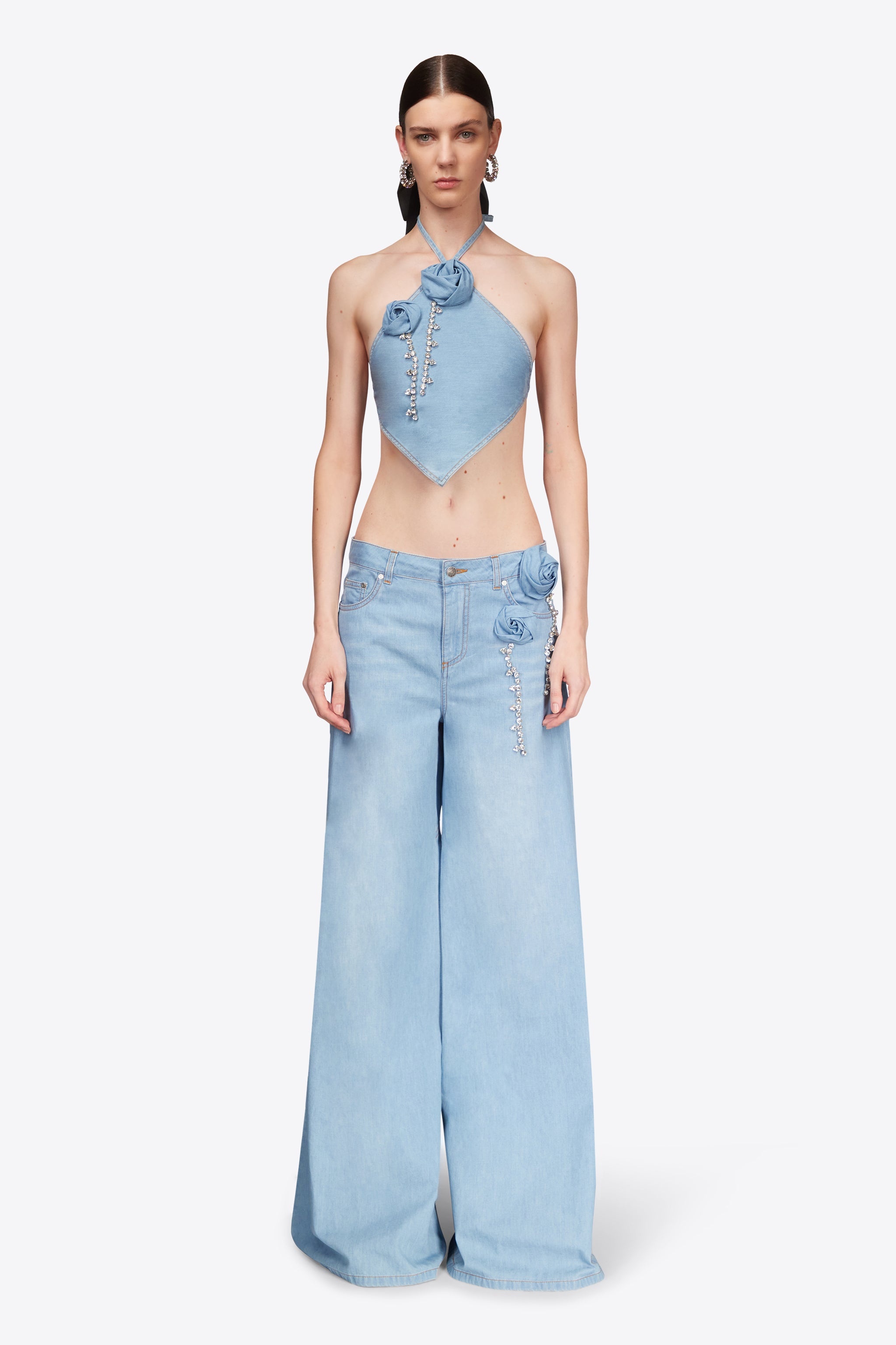 CRYSTAL ROSETTE WIDE LEG JEAN - 4