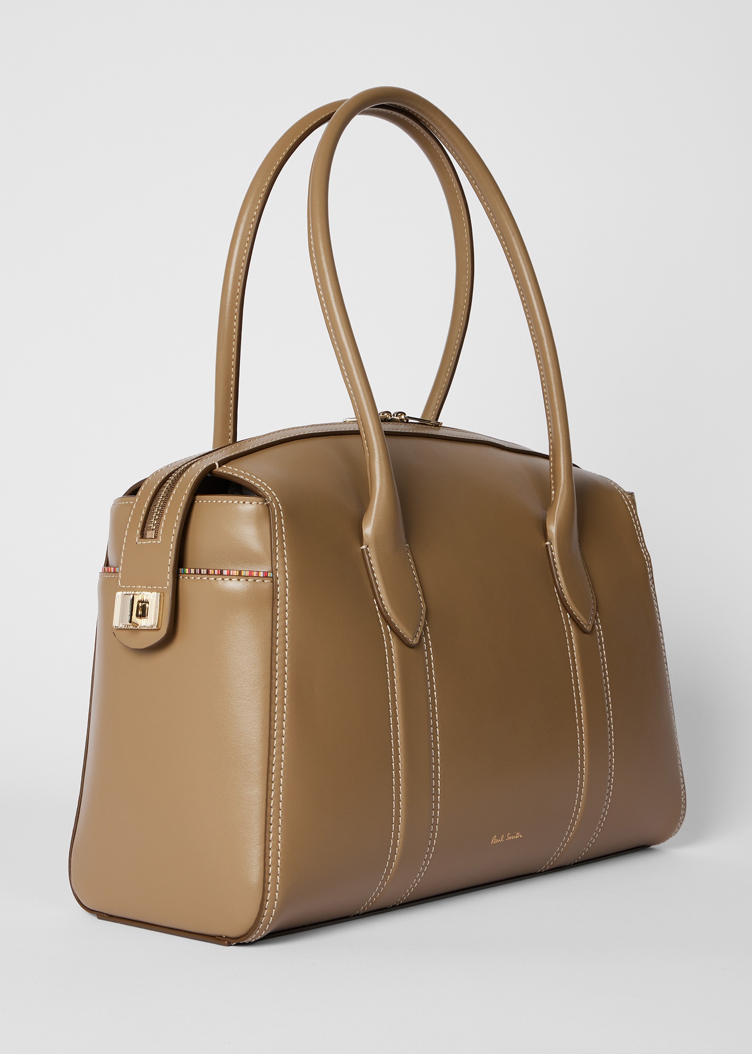 Women's Khaki Smooth Leather Boston Bag - 6