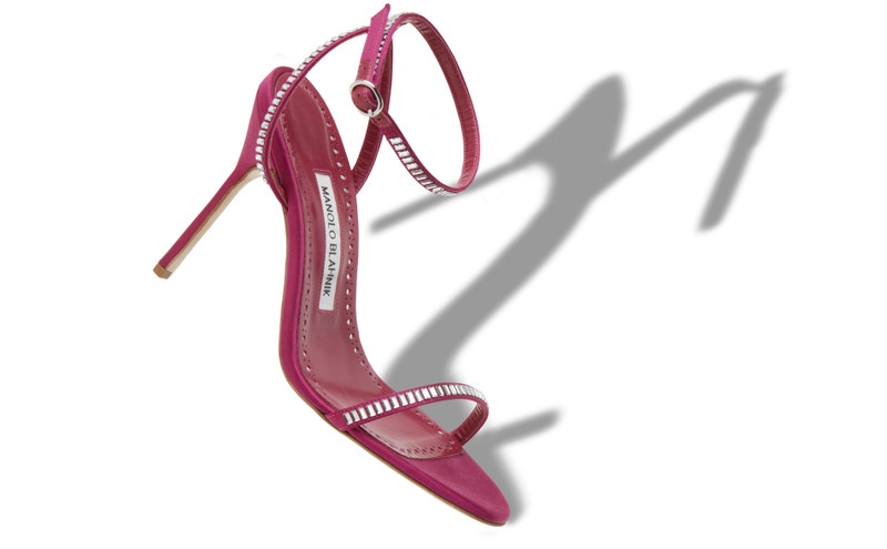 Manolo Blahnik Dark Fuchsia Satin Embellished Strappy Sandals outlook