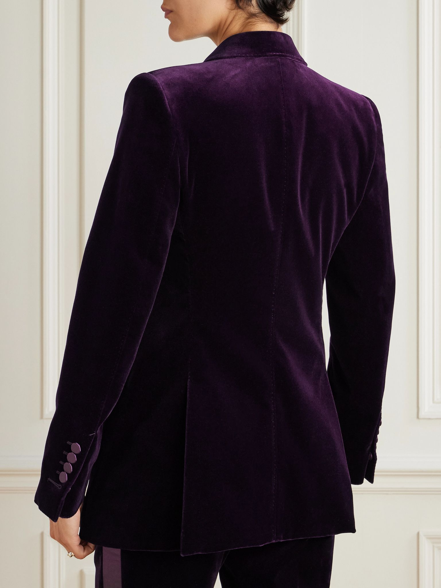 Double-breasted cotton-blend velvet blazer Dark purple - 3