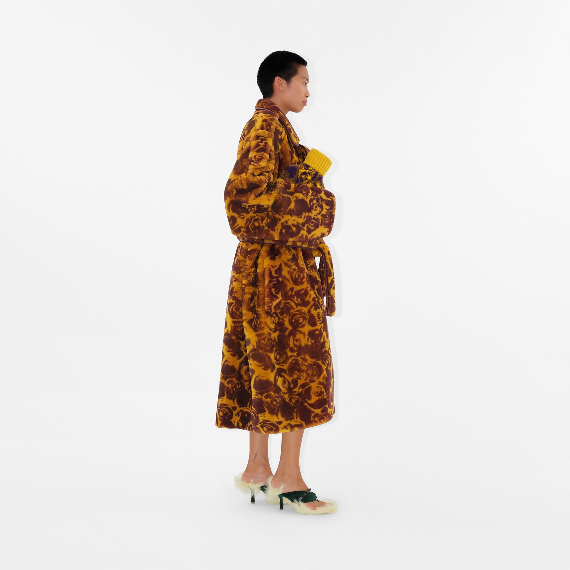 Rose Print Shearling Trench Coat - 3
