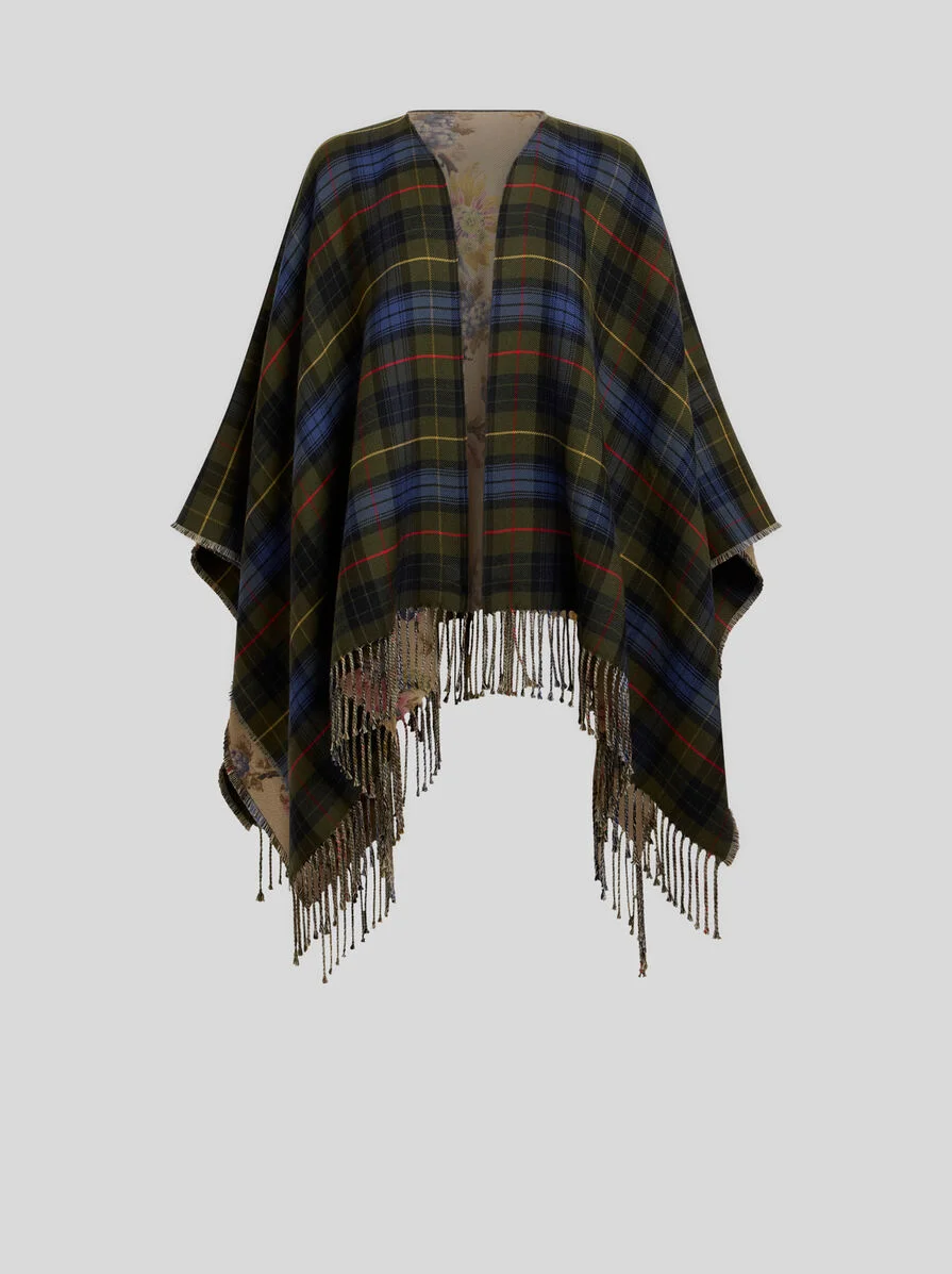 REVERSIBLE WOOL CAPE WITH FRINGING - 1