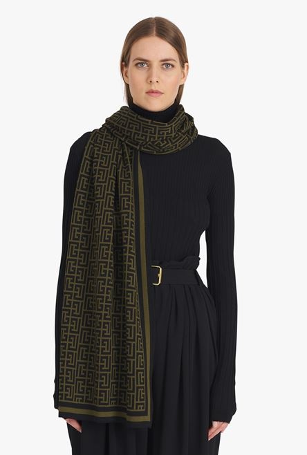Khaki and black wool scarf with Balmain monogram pattern - 3