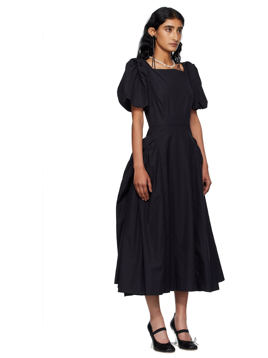 Black Bow Puff Sleeve Hip Midi Dress - 2