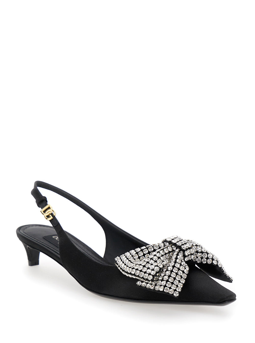 Dolce & Gabbana Women Black Slingback Pumps With Rhinestone Bow Detail In Silk Blend Woman - 2