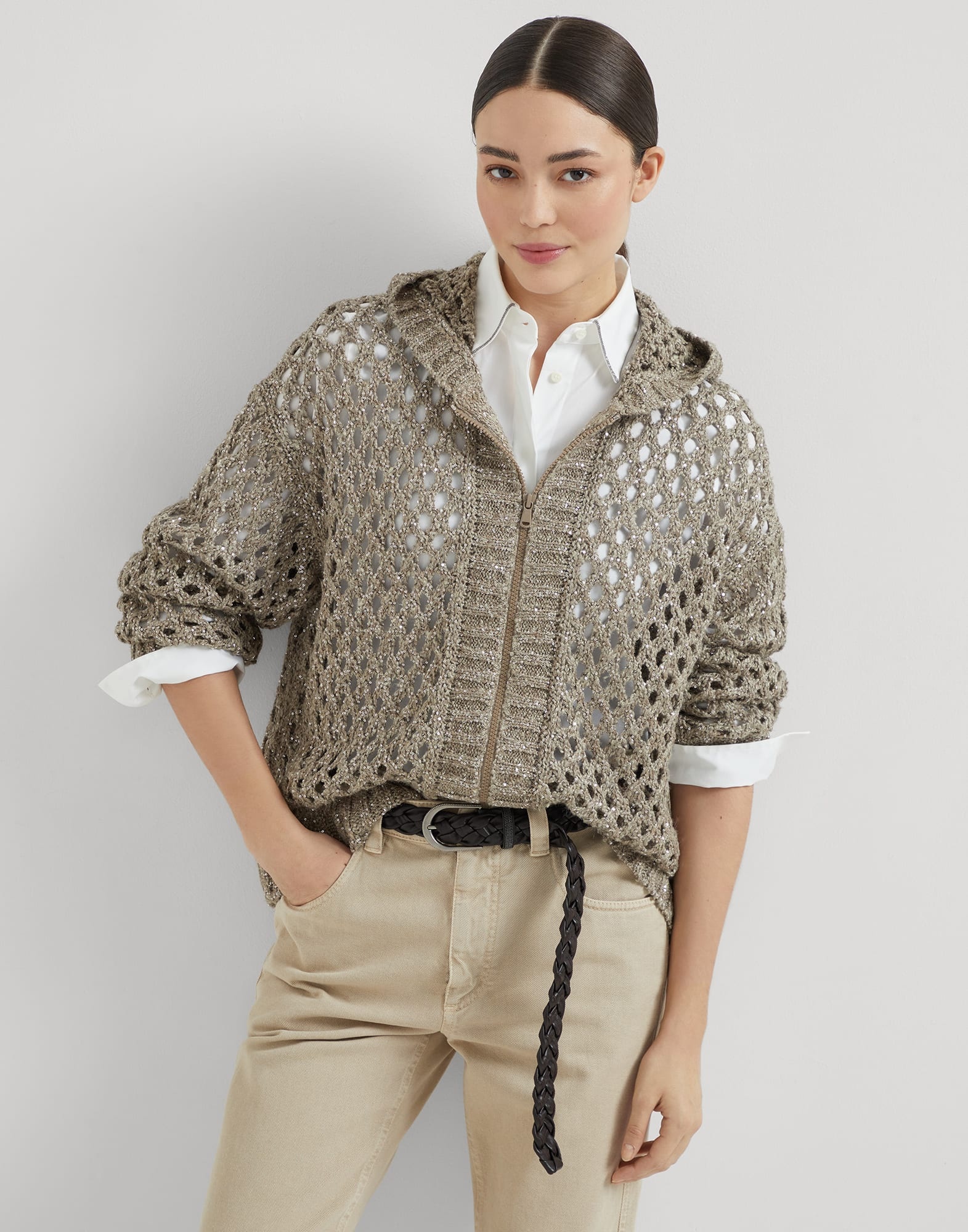 Silk and linen dazzling net hooded cardigan - 4