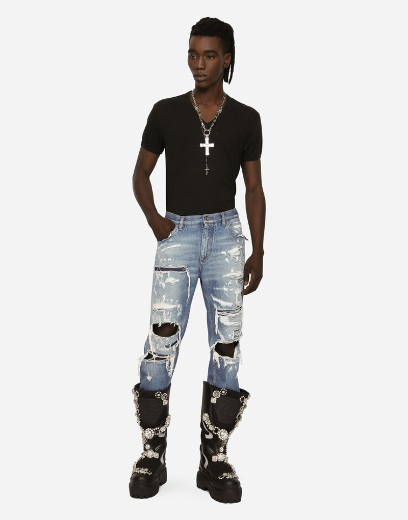 Loose blue wash denim jeans with rips 2