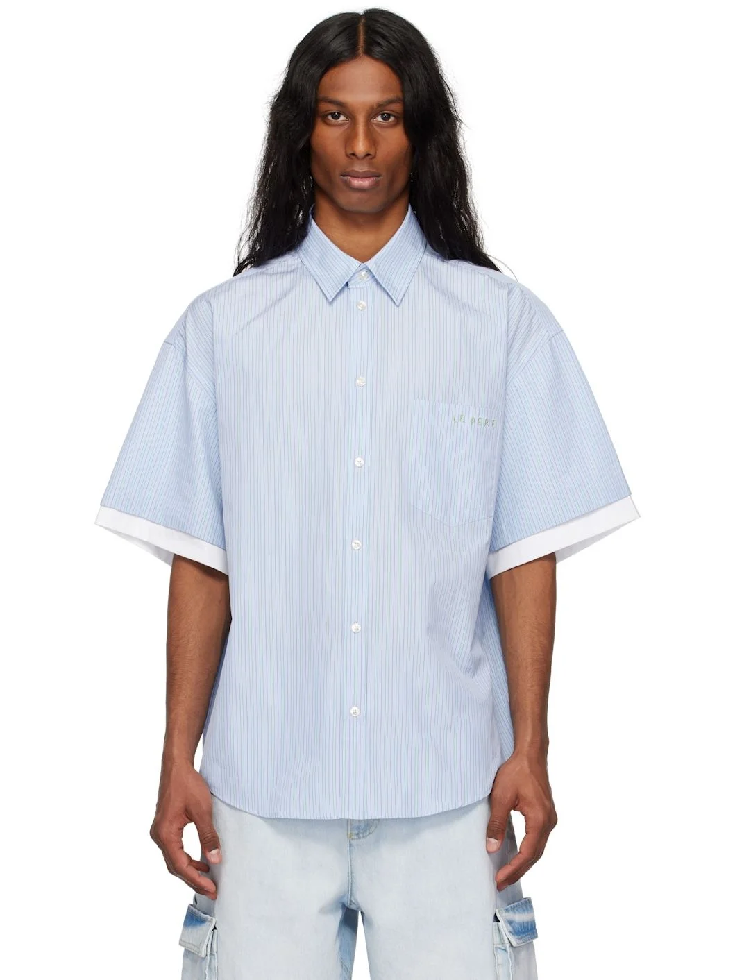 Blue Double Short Sleeve Button Down Shirt - 1