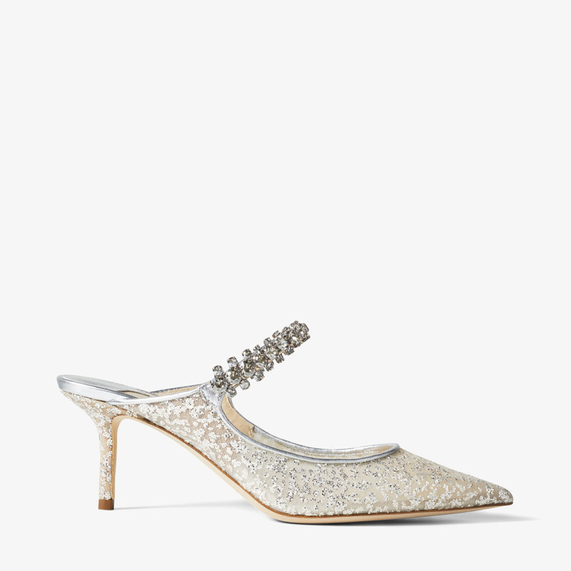 Bing 65 Silver Glitter Tulle Mules with Crystal Strap - 1