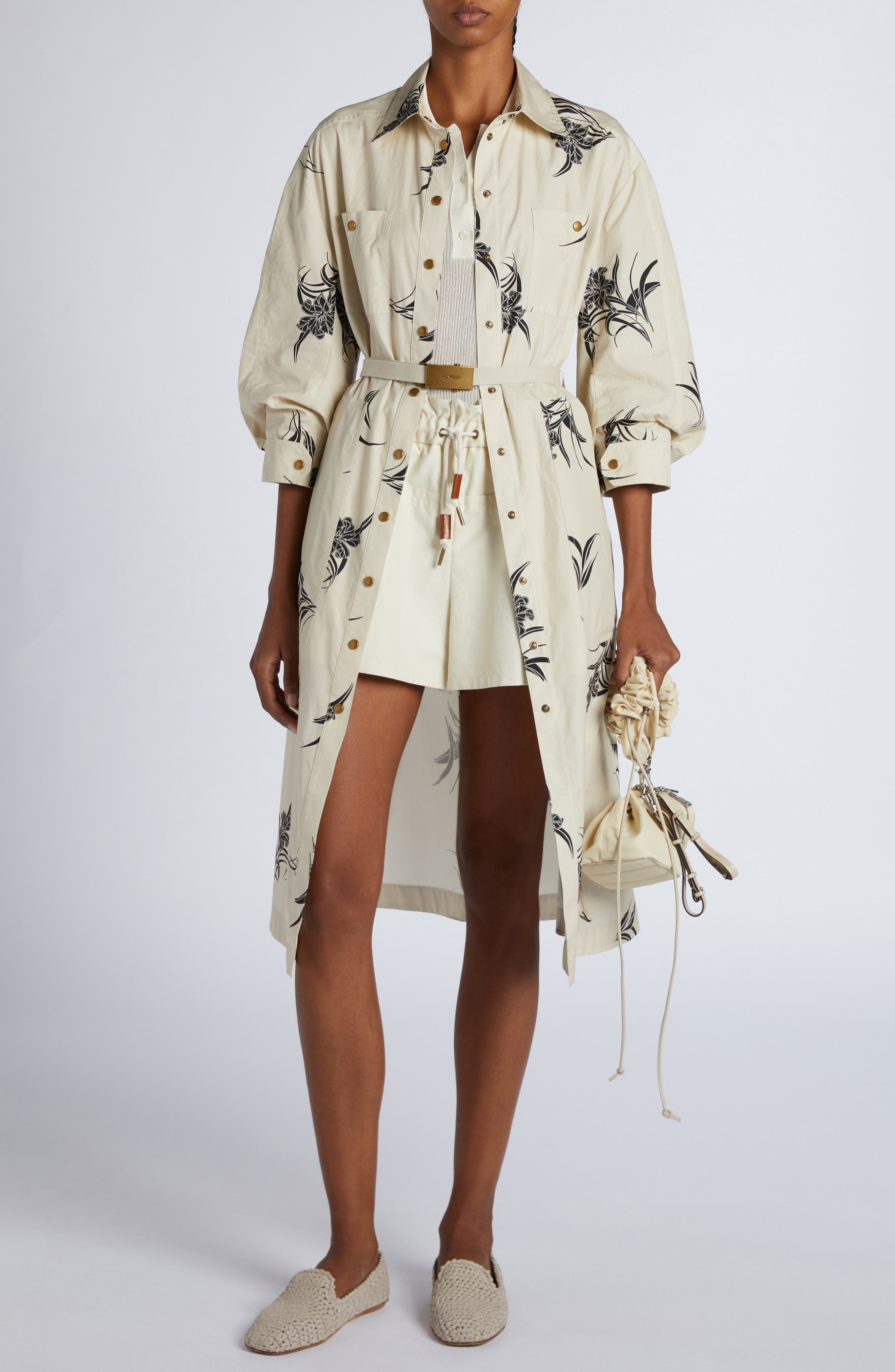 Moncler Floral Print Cotton Belted Shirtdress in Light Beige Print at Nordstrom - 2