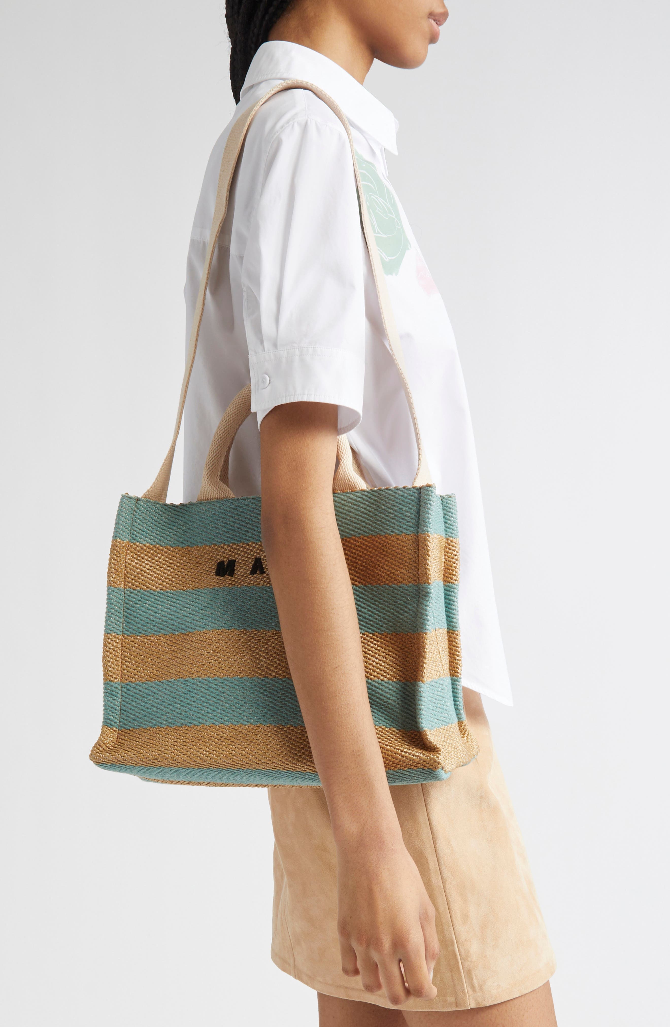 Marni Small Logo Stripe Woven Tote in Teal/Blue at Nordstrom - 2