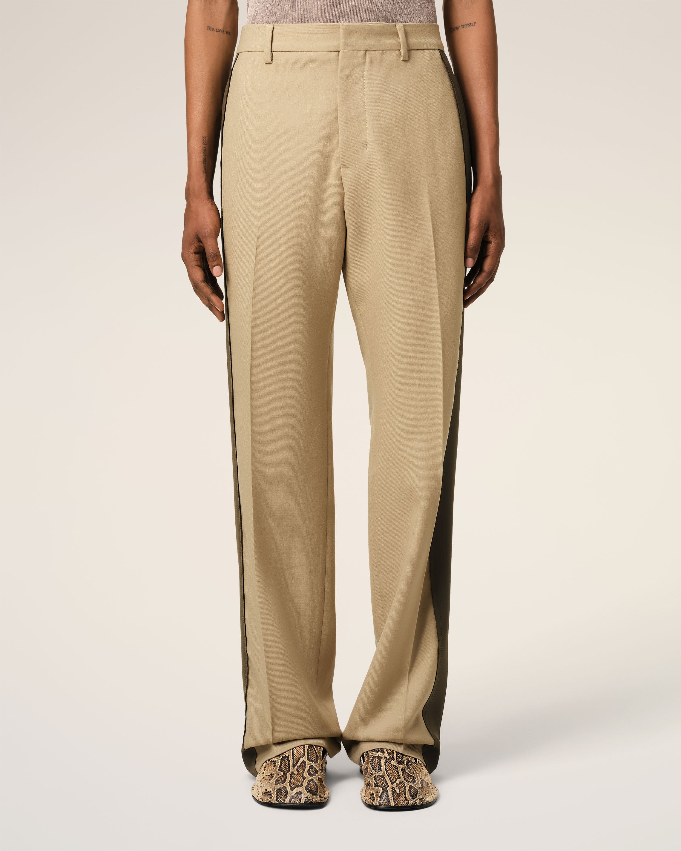 BEIGE WOOL CONTRASTED BAND STRAIGHT TROUSERS - 3