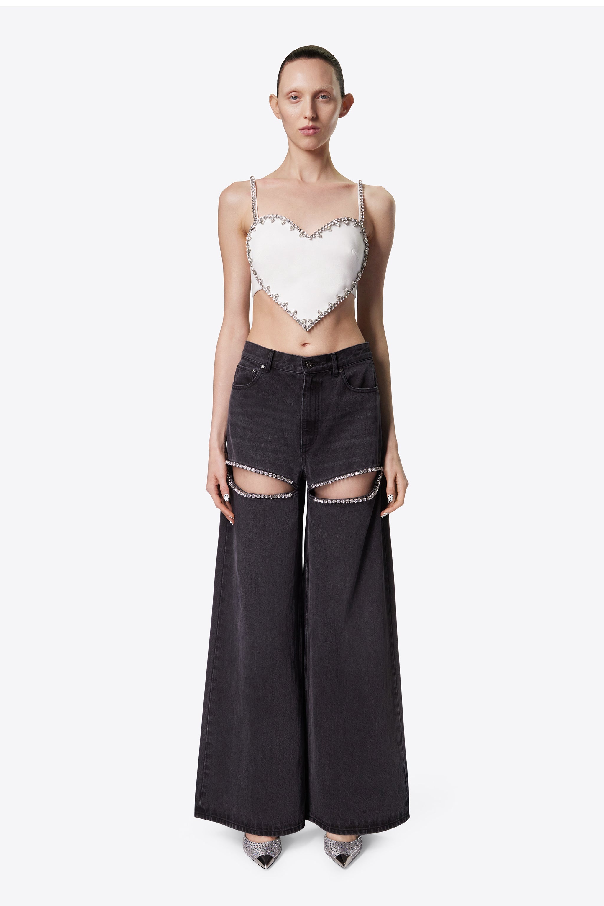 WIDE LEG CRYSTAL SLIT JEAN - 4