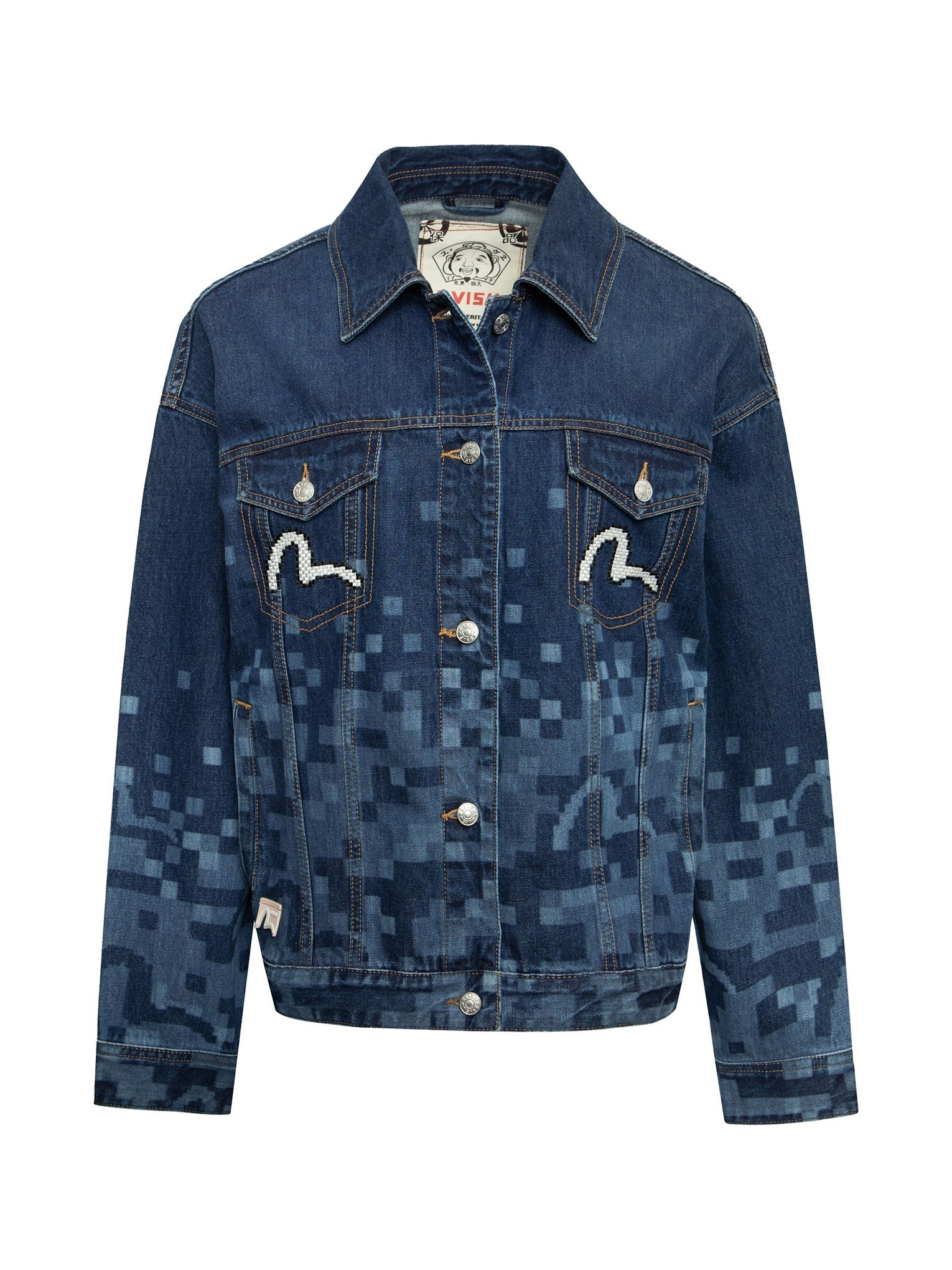 PIXEL SEAGULL EMBROIDERY AND PRINT OVERSIZED DENIM JACKET - 13