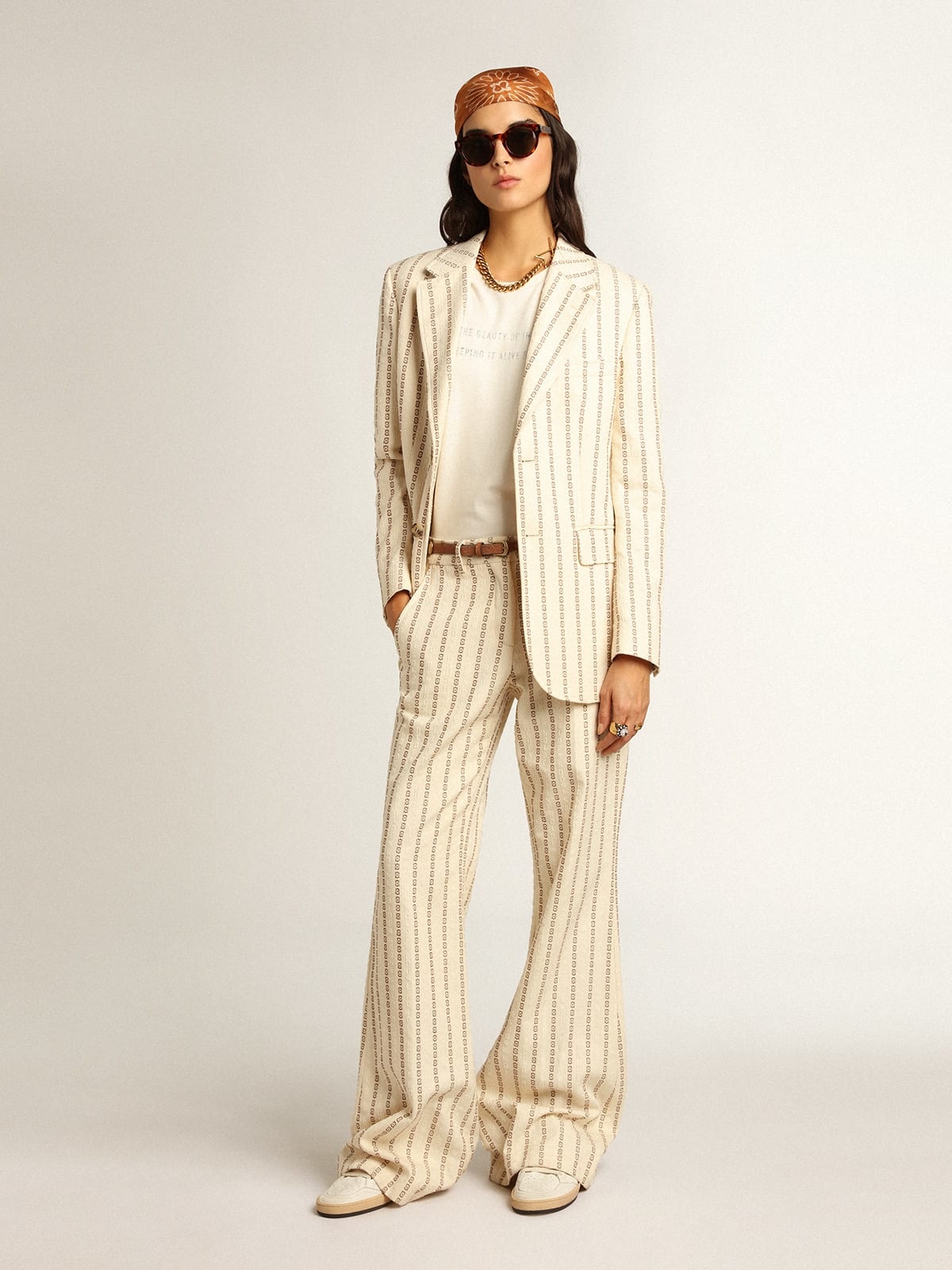 Single-breasted cream cotton blazer with jacquard motif - 3