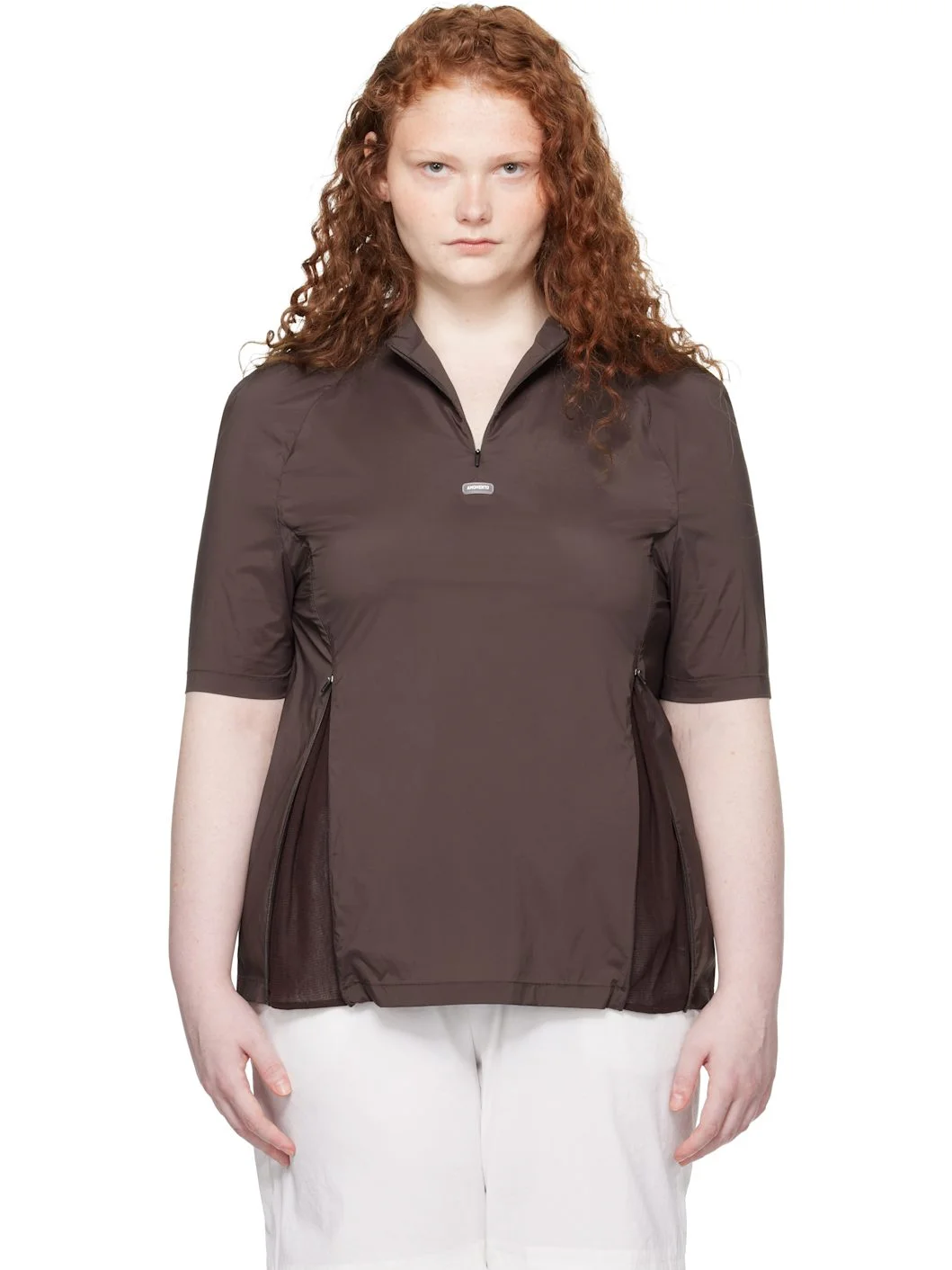 Brown Mock Neck Half Zip T-shirt - 1