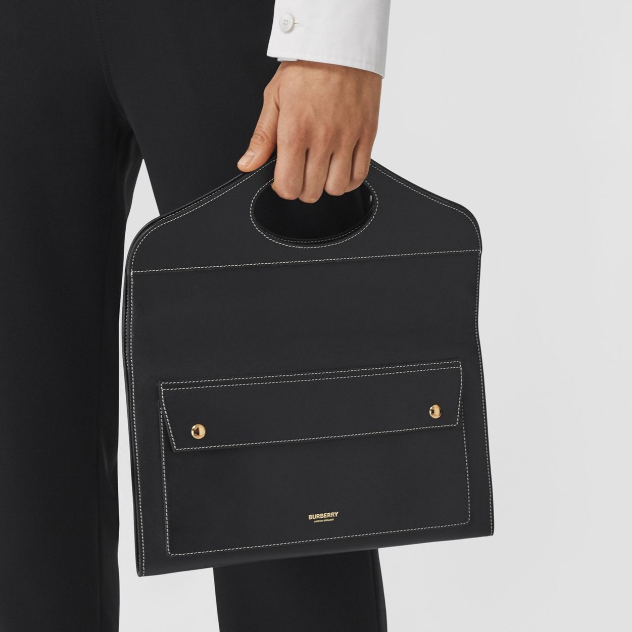 Small Topstitched Leather Pocket Clutch - 3
