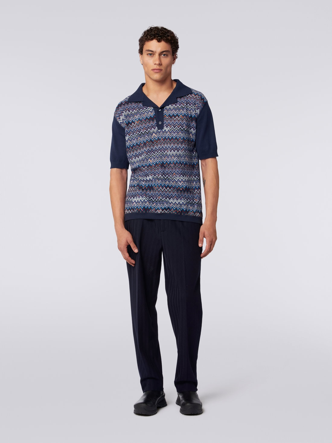 Short-sleeved polo shirt in cotton, viscose and silk chevron - 2