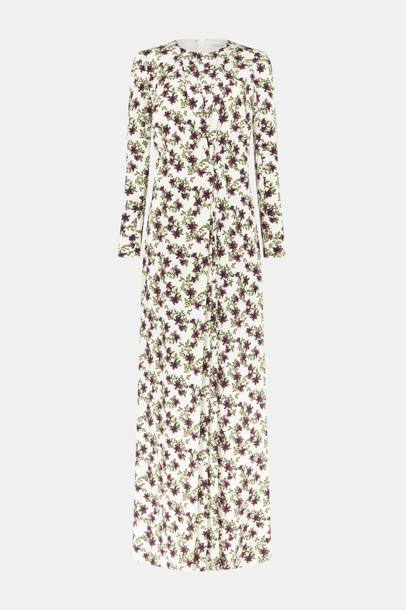Silverio Dress In Purple & Olive Lillies On Ivory Silk Crepe De Chine 1