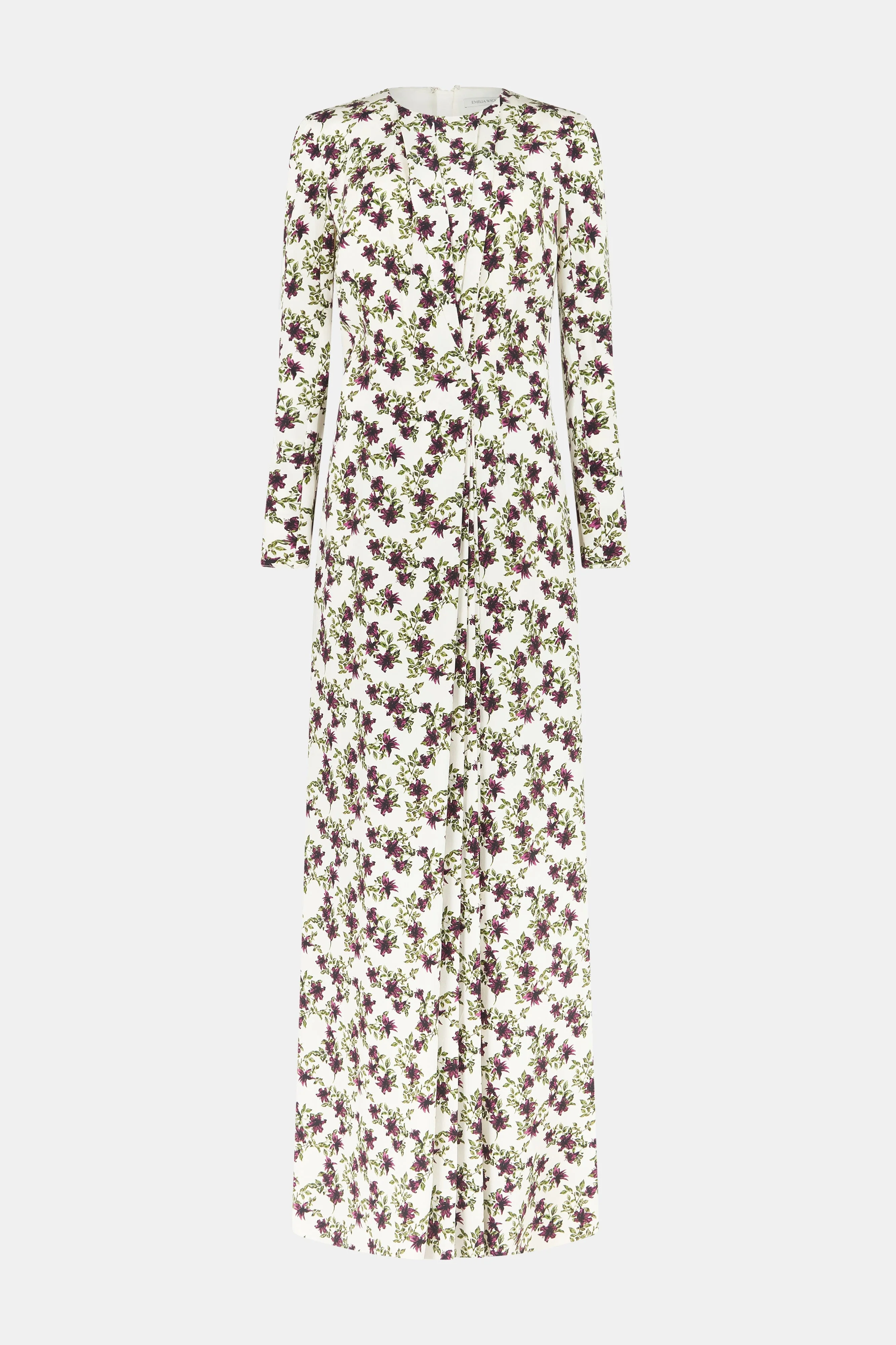 Silverio Dress In Purple & Olive Lillies On Ivory Silk Crepe De Chine - 1
