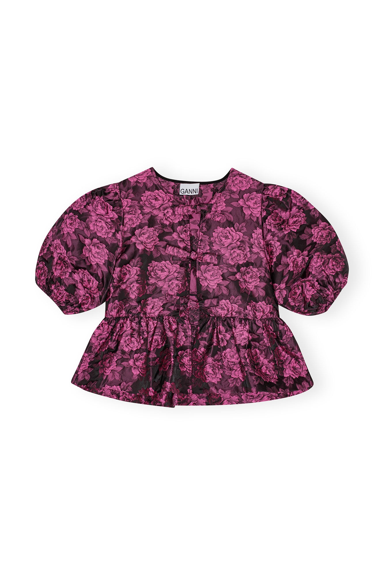 PINK BOTANICAL JACQUARD PEPLUM BLOUSE - 1