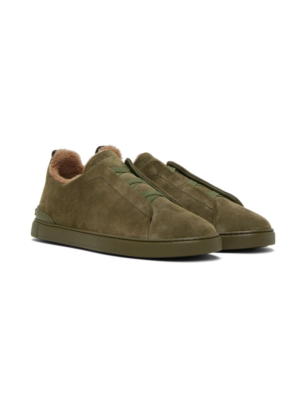 Khaki Leather Triple Stitch Sneakers - 4