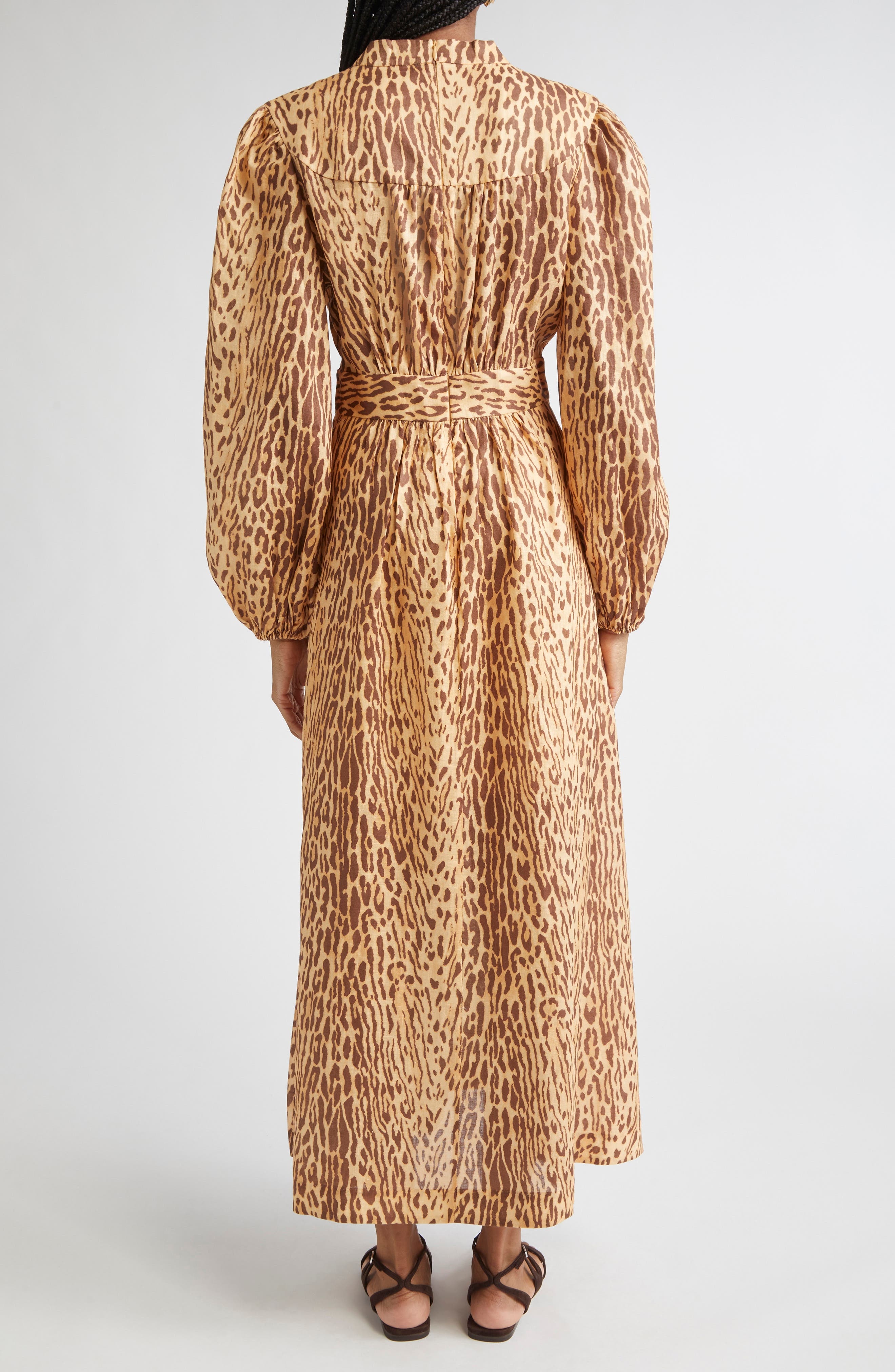 Zimmermann Cascadian Leopard Print Long Sleeve Linen Midi Dress in Tan Leopard at Nordstrom - 2