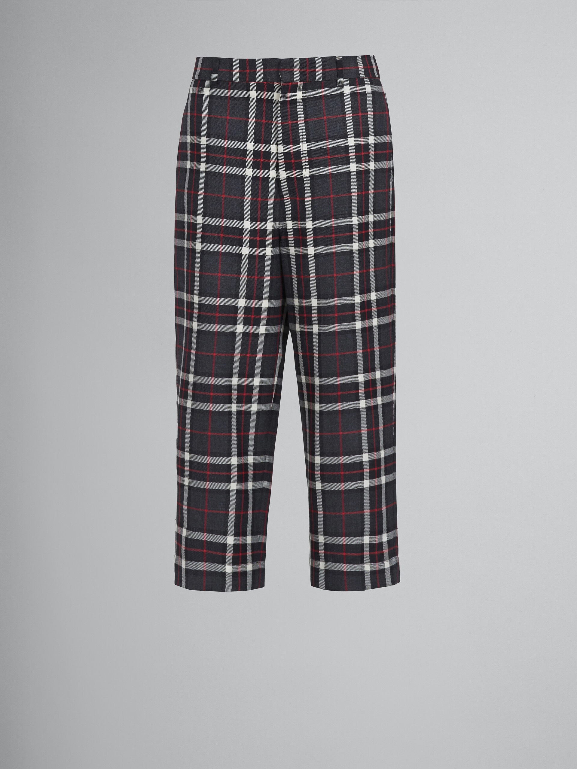 GREY TARTAN WOOL CROPPED PANTS - 1