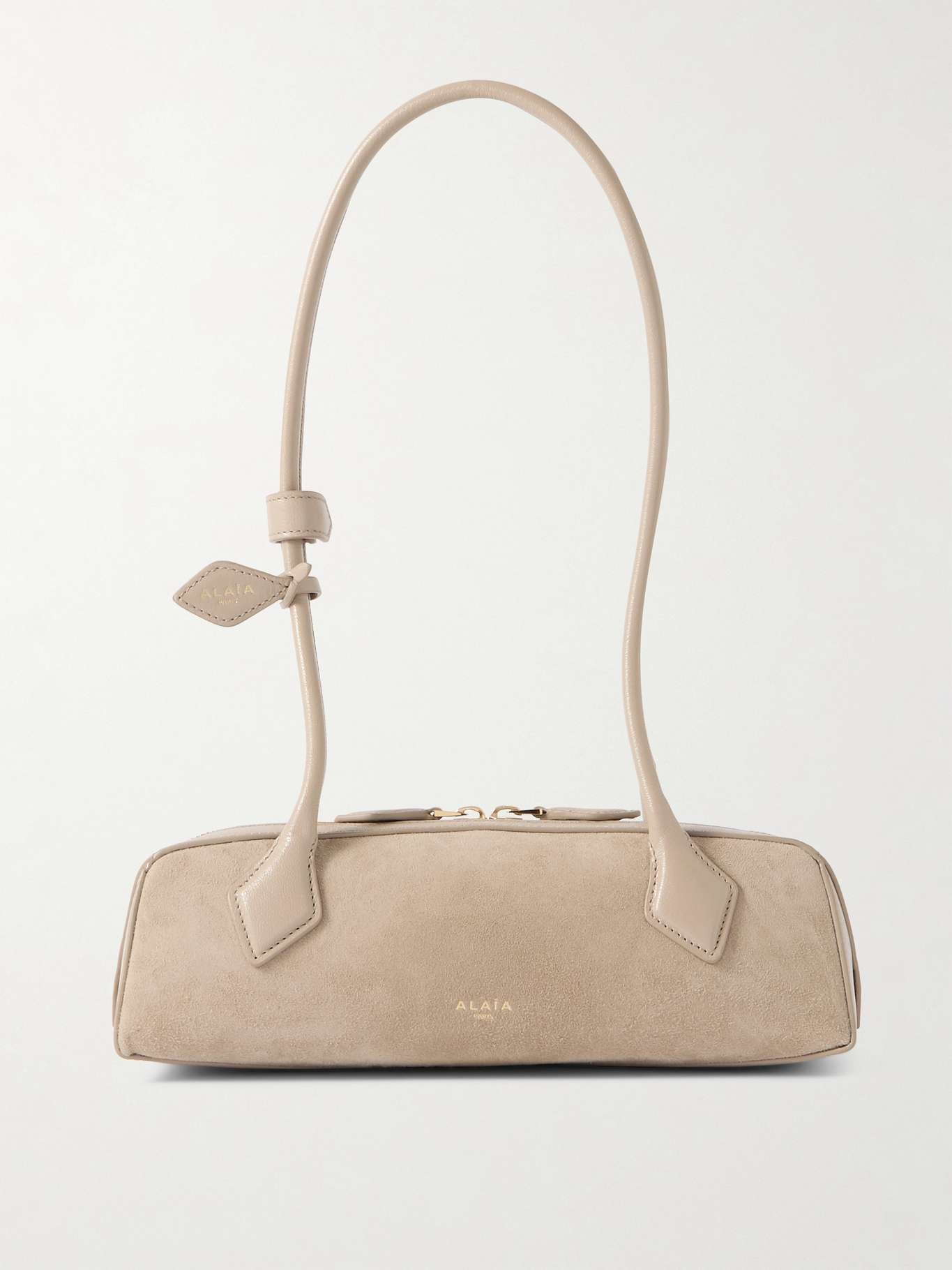 Le Teckel small leather-trimmed suede shoulder bag Beige - 1