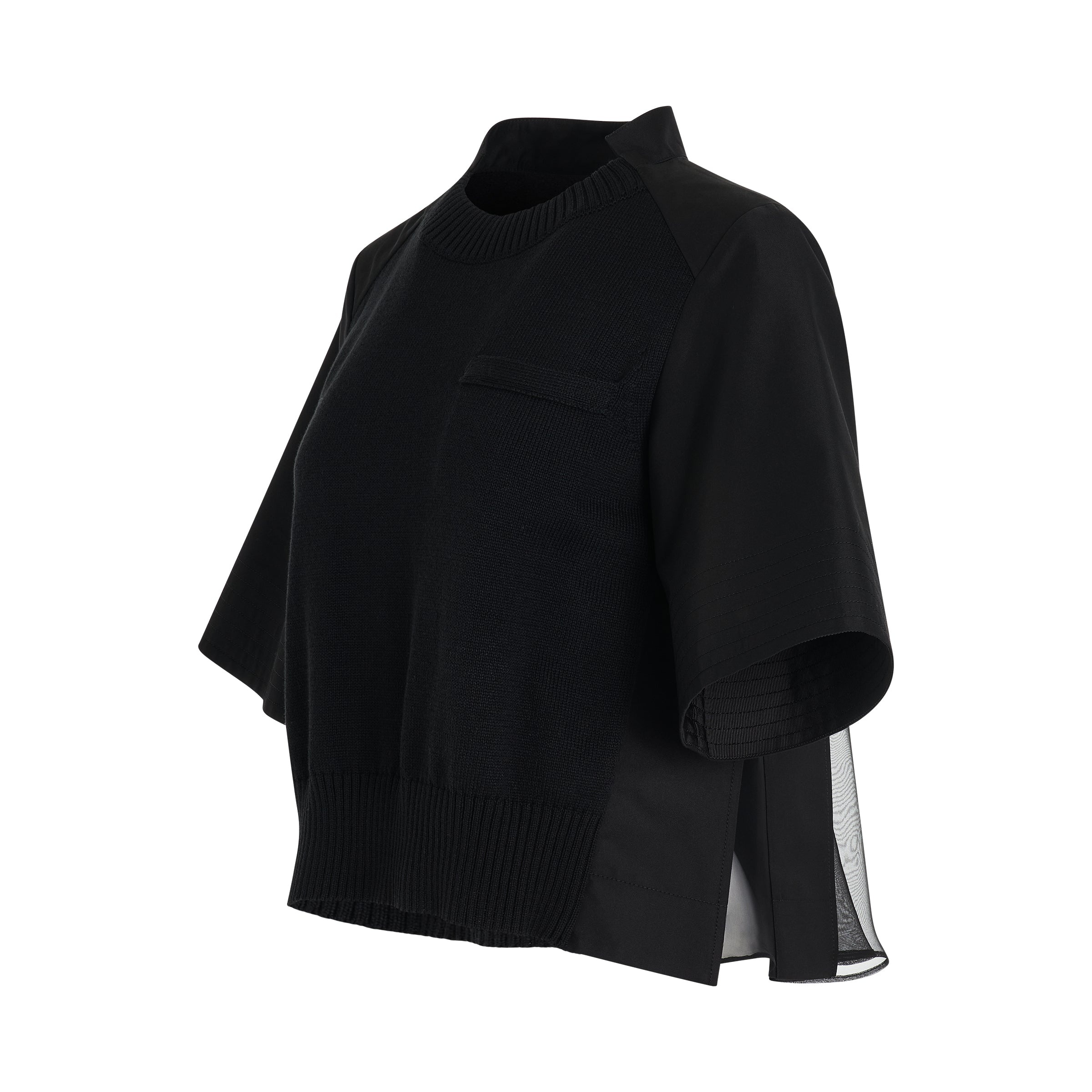 Cotton Gabardine x Knit Pullover in Black - 2