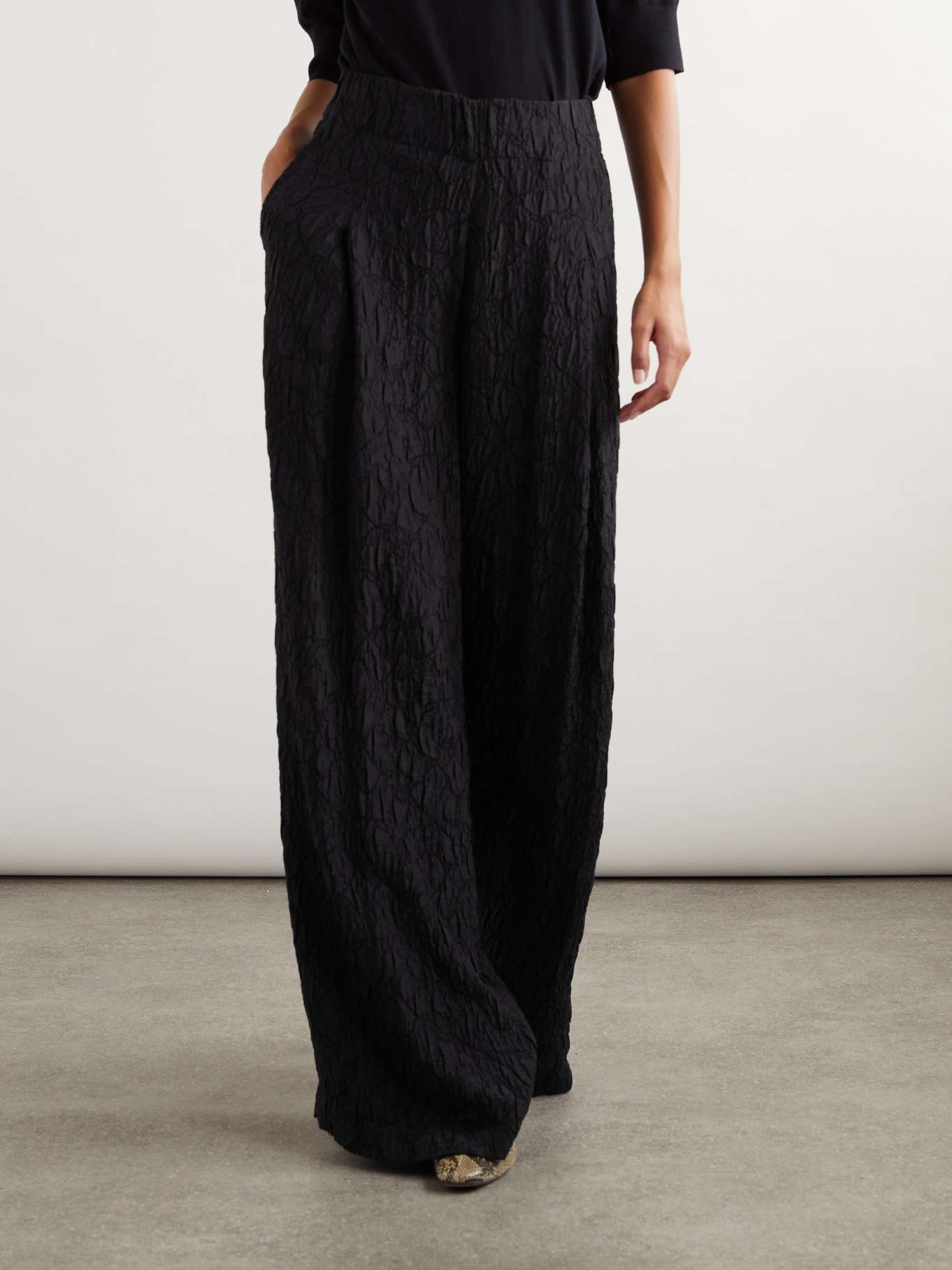 Textured woven wide-leg pants Black - 3