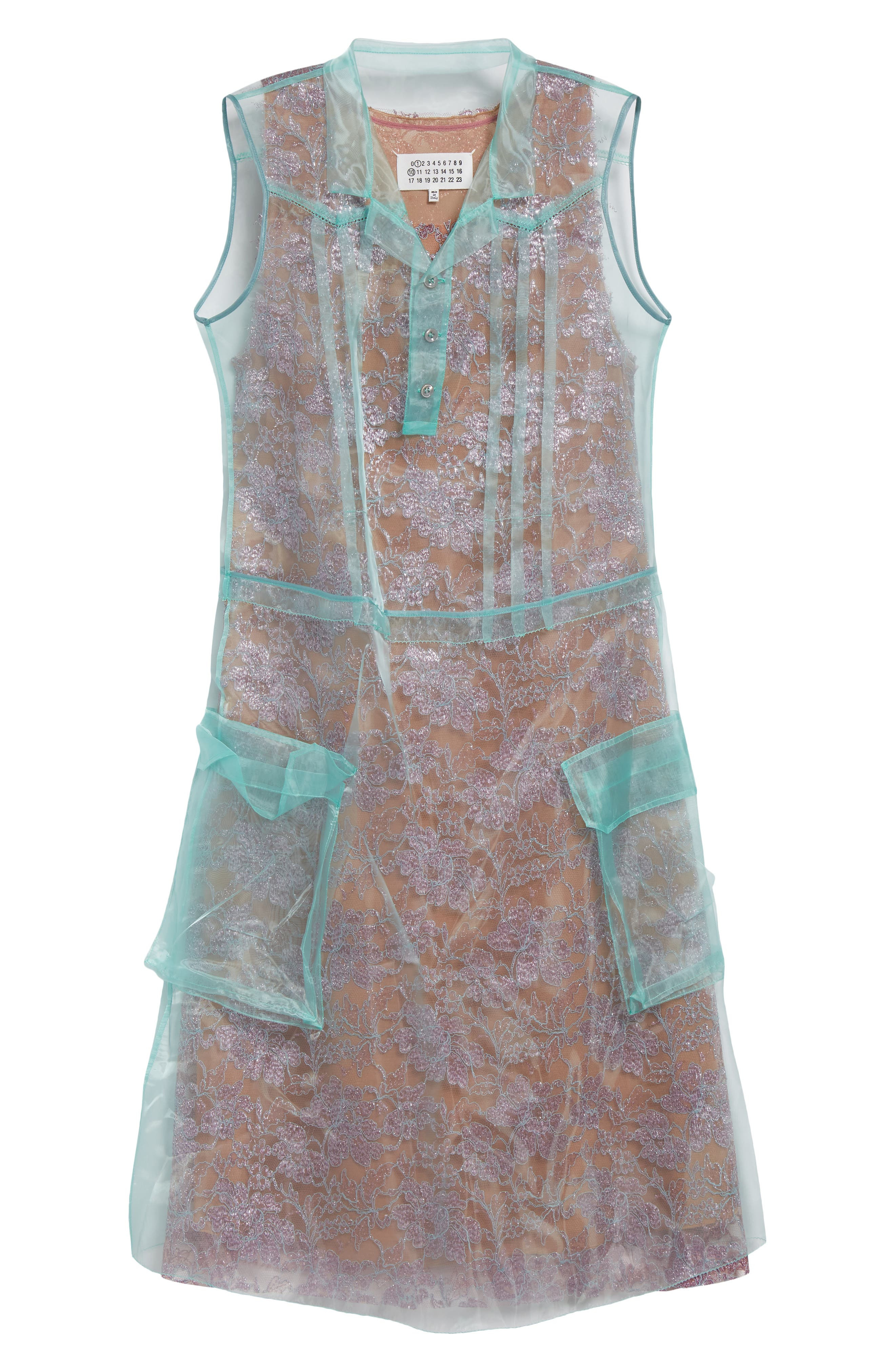 Maison Margiela Sheer Overlay Sleeveless Shirtdress in Emerald/Antique Rose at Nordstrom - 5