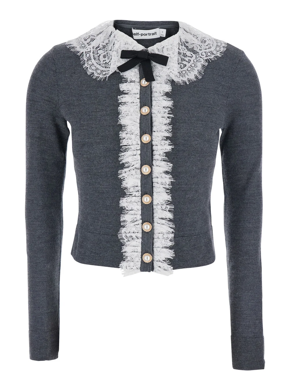 Self-Portrait Women Grey Cardigan With Lace Collar In Wool For Women - 1
