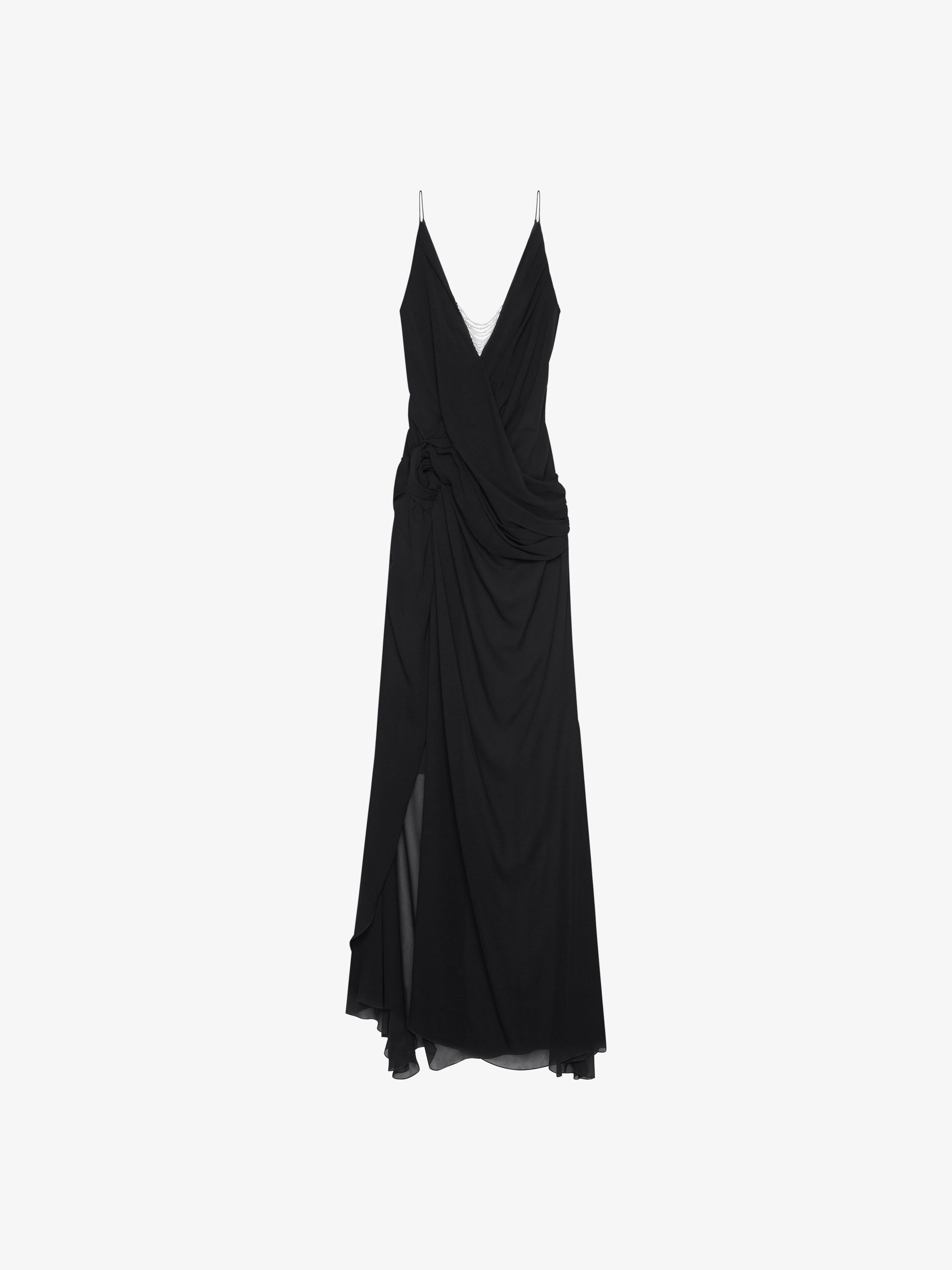 EVENING DRAPED DRESS IN SILK WITH PEARL CHAINS - 1
