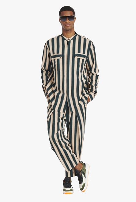 Sand-colored and dark green eco-designed striped shirt - 2