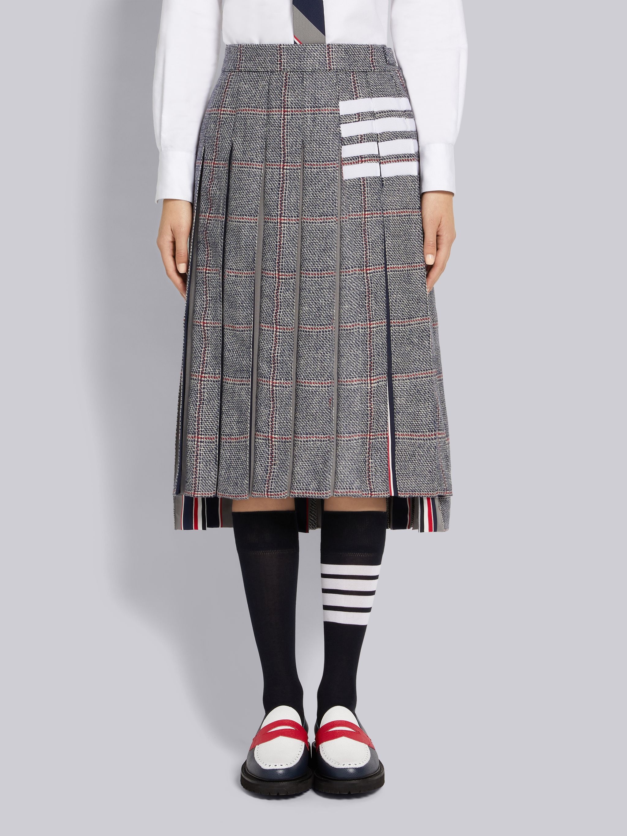 Multicolor Step Twill Windowpane British Wool Stripe Mogador Pleat Grosgrain 4-Bar Dropped Back Belo - 1