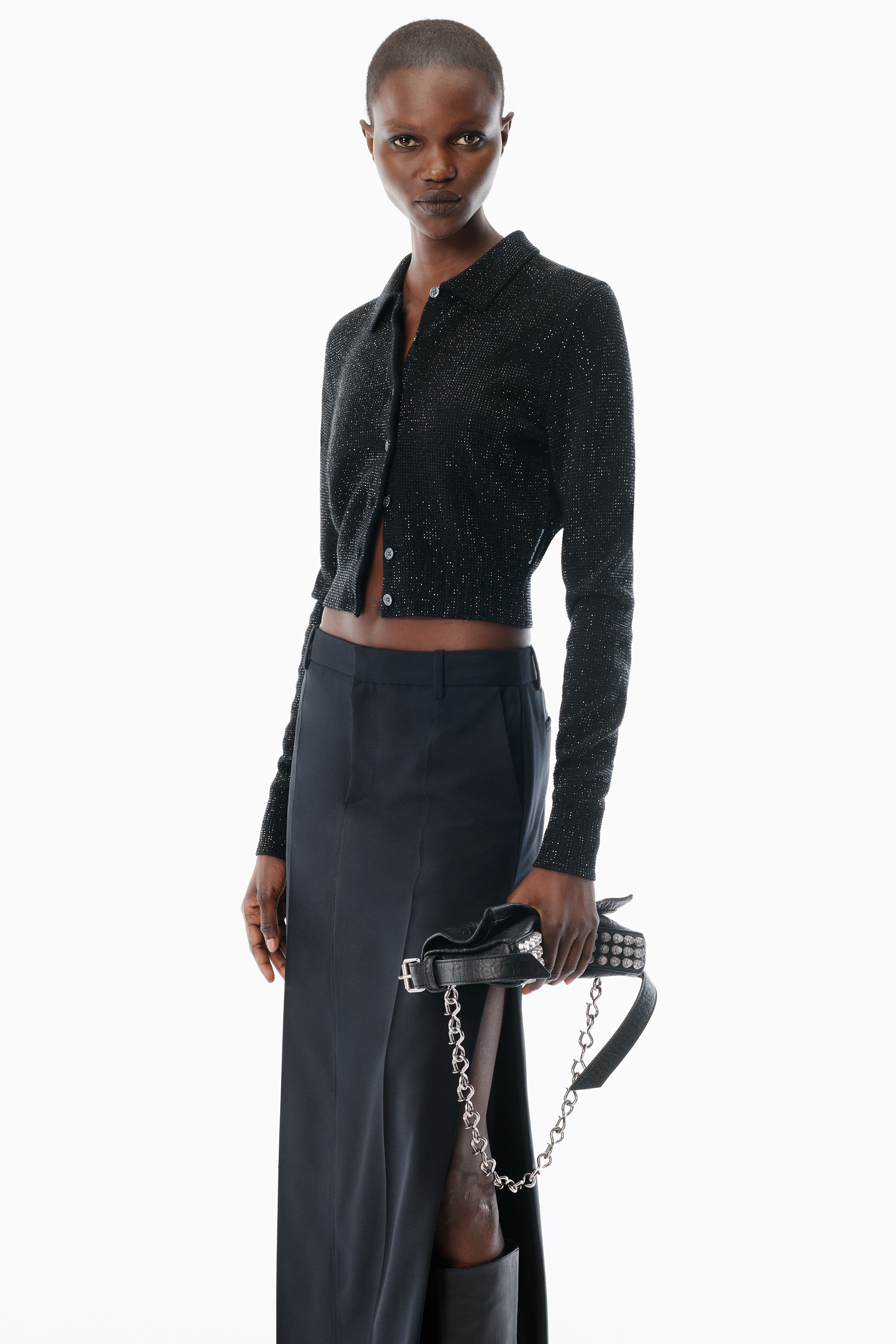 Black Wool-Blend Hotfix Polo Cardigan - 3