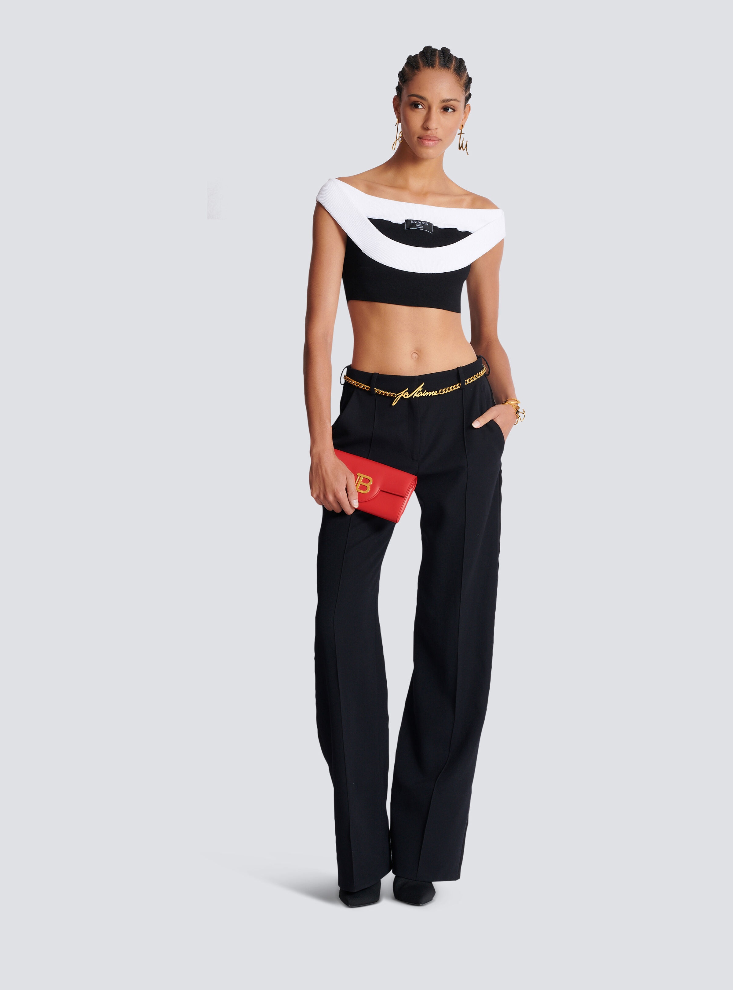 Two-tone knit cropped top with double neckline - 2