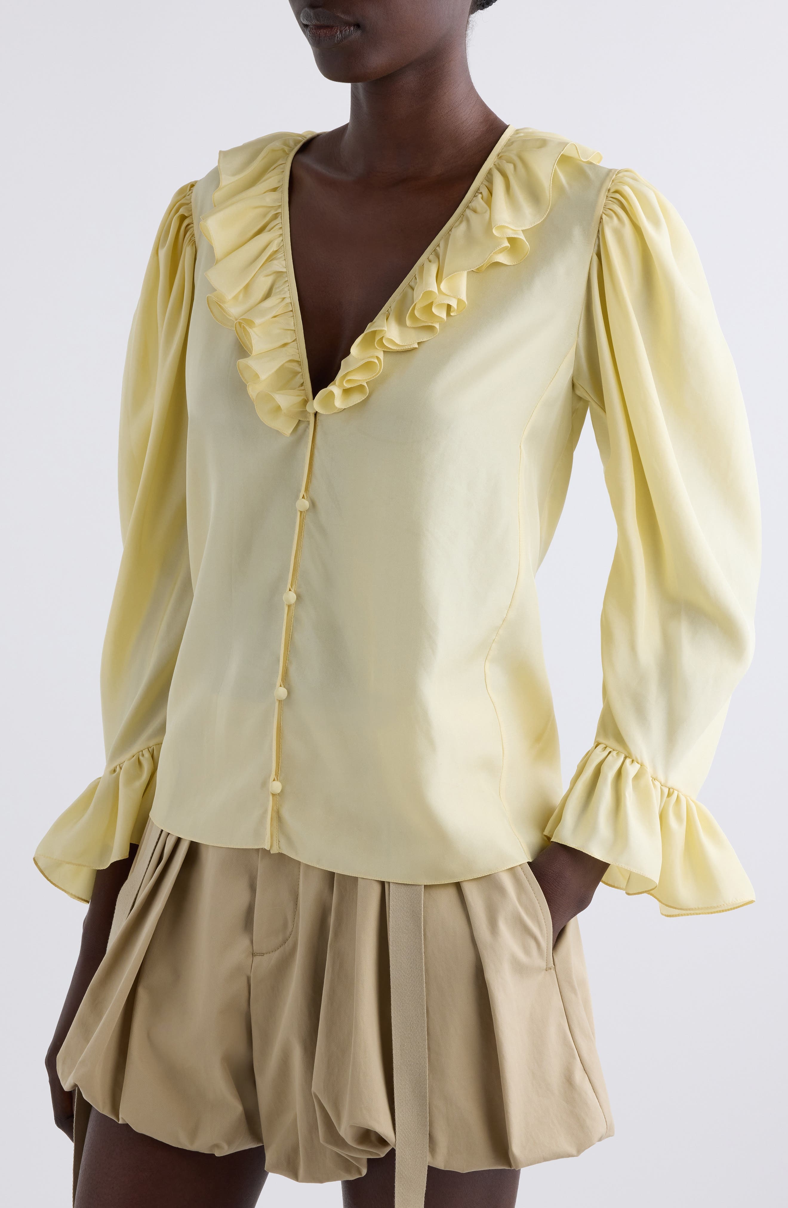 Chloé Ruffle Balloon Sleeve Silk Button-Up Shirt in Powder Yellow at Nordstrom - 4