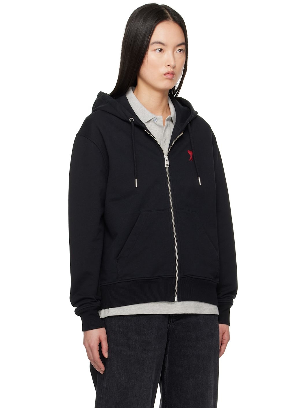 Black Cotton Ami de Coeur Zipped Hoodie - 2