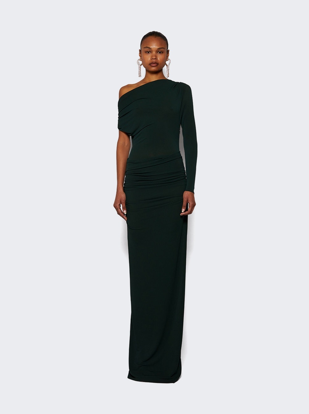 Asymmetric Drape Column Dress In Crepe Jersey Forest Green - 2