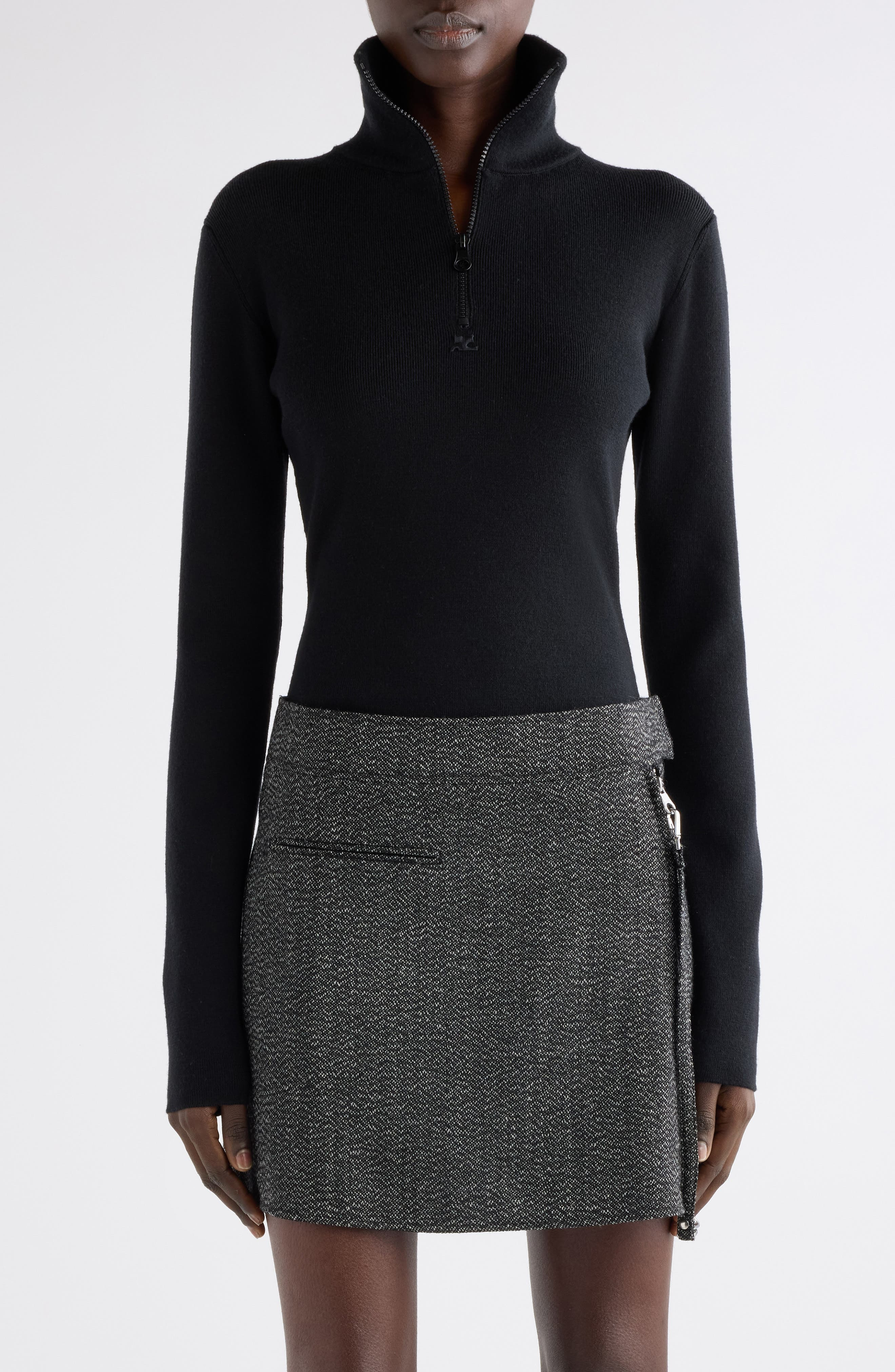 Courrèges Merino Wool Mock Neck Half Zip Sweater in Black at Nordstrom - 3